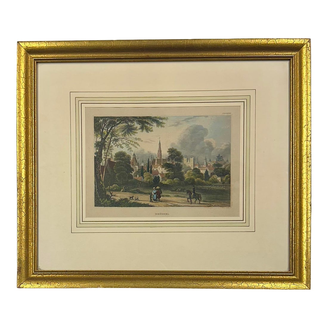 Brussels: Upper Largo & Church, Original Print, 1840 (Framed): Original hand colored steel engraving titled "Upper Largo & Church" by James Stewart. The print depicts a scenic view of Upper Largo and its church in Scotland. Custom framed in a gold frame.