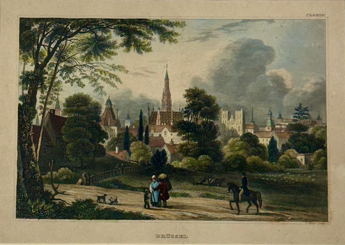 Brussels: Upper Largo & Church, Original Print, 1840 (Framed) - 3