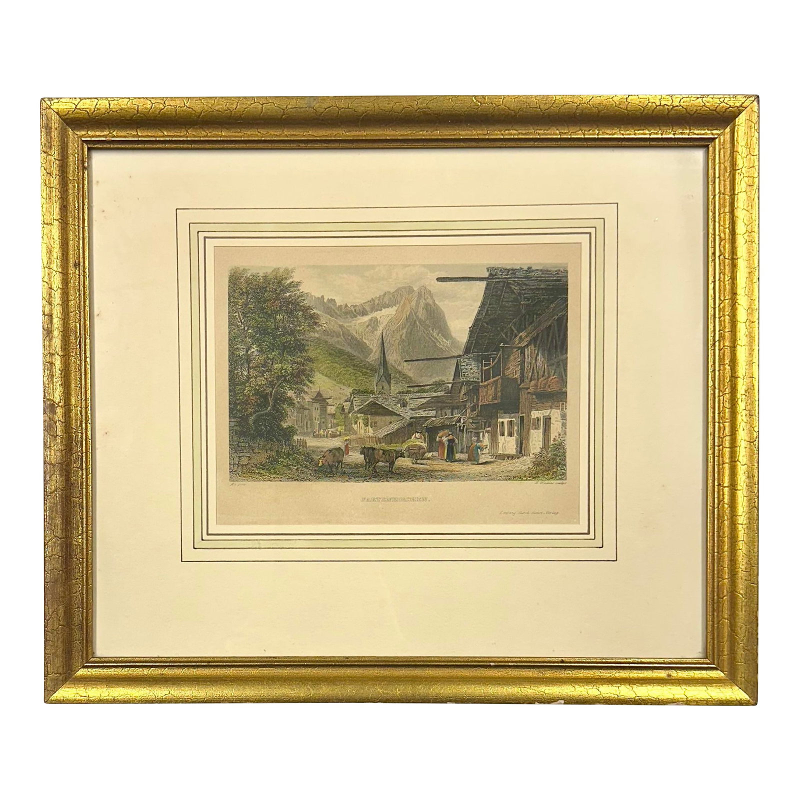Partenkirchen, Germany (Bavarian Alps), Original Print, 1840 (Framed): Original hand colored steel engraving from around 1840 depicting the historic village of Partenkirchen, which is now part of Garmisch-Partenkirchen, Germany. The image shows the rural character of the
