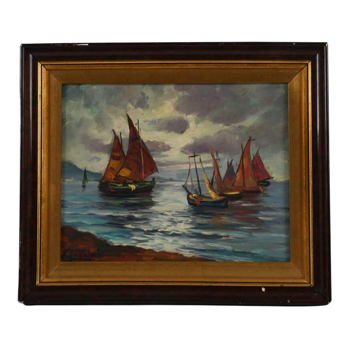 Framed Oil on Board of G. Volpin's "Sailing Ships Seascape": A Framed Oil on Board of G. Volpin's "Sailing Ships Seascape" depicts dynamic sailing ships in motion on the sea, using rich oil paints to capture the textures of water, sky, and sails. The painting f