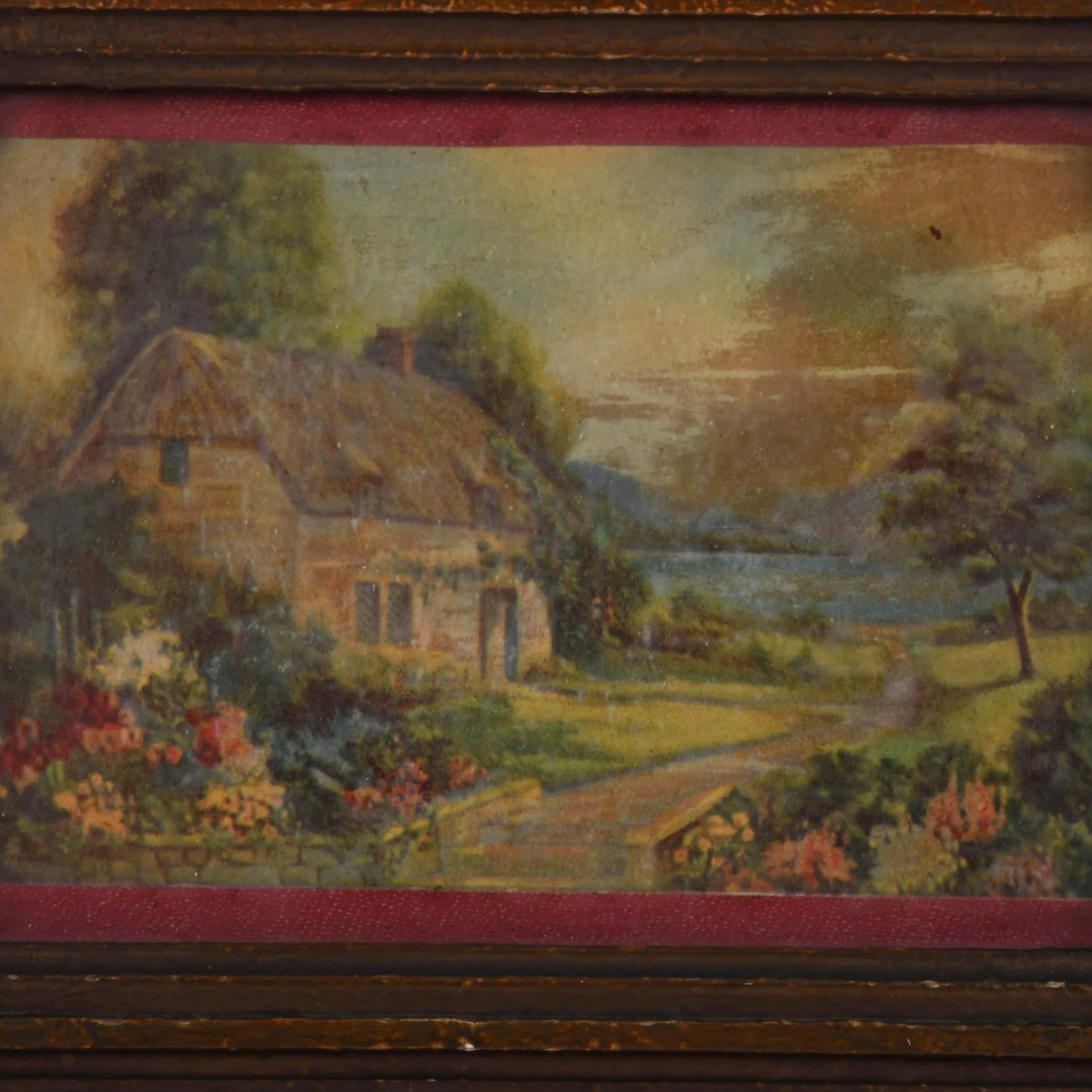 Victorian Ornate Walnut Frame and Print With Leather Banding - 2