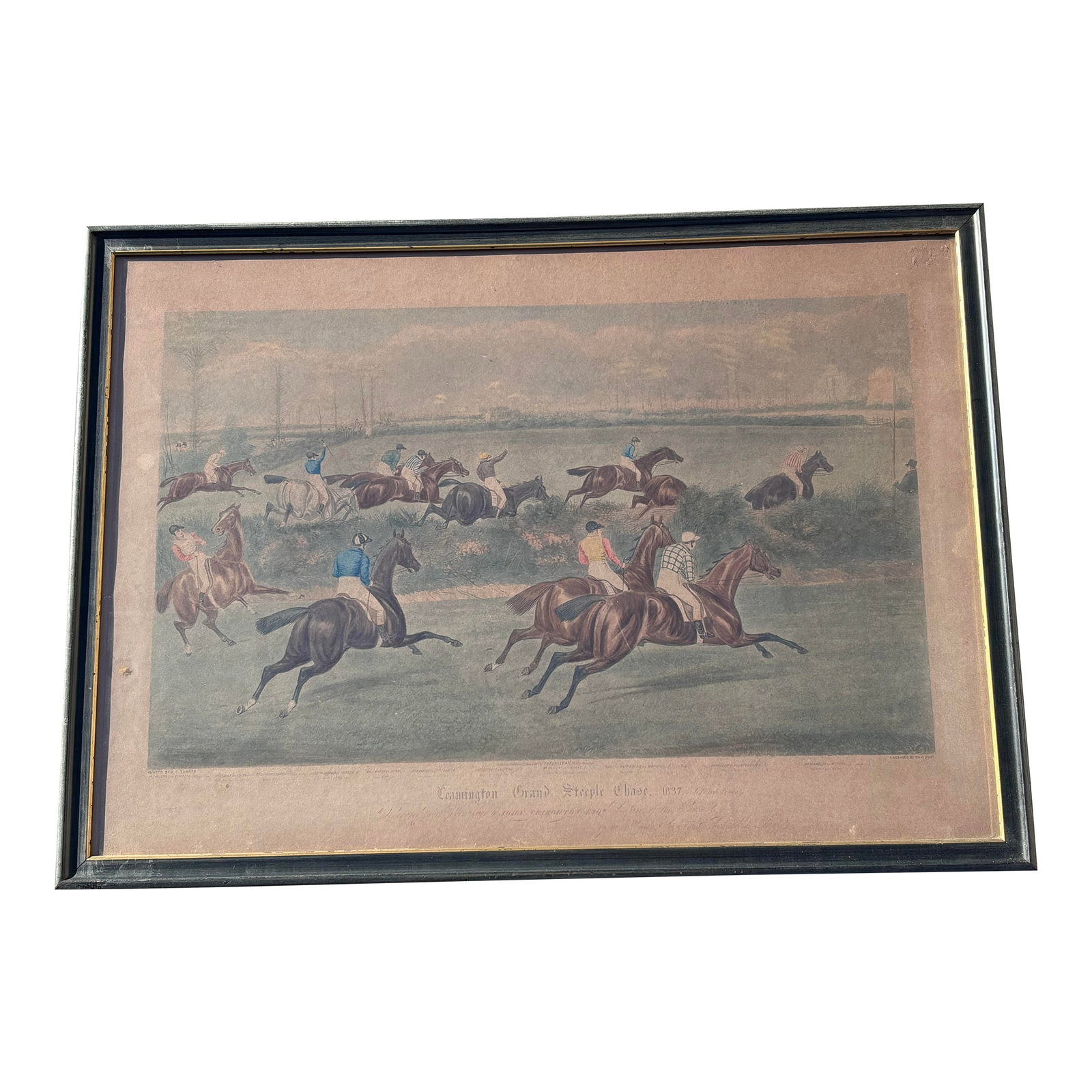 Grand Steeple Chase - Large, Orig. 19th C. Equestrian Color Print in Period Frame - 1837: Leamington Grand Steeple Chase, 1837. Large, beautifully detailed original equestrian English print. 29" wide by 21" tall -presented in a traditional black wood frame with gilt line trim. A perfect