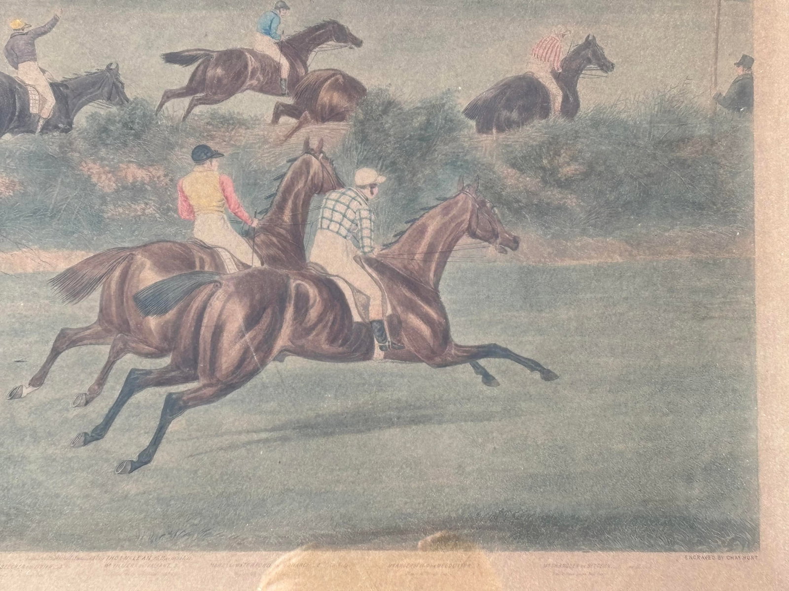 Grand Steeple Chase - Large, Orig. 19th C. Equestrian Color Print in Period Frame - 1837 - 7