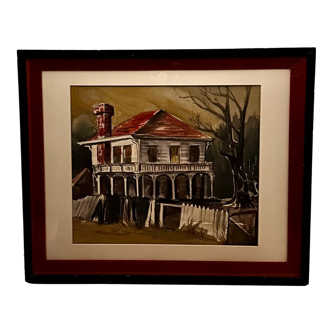 Vintage Watercolor of Southern Mansion in Disrepair Artist Unknown: This little vintage watercolor of a southern house in disrepair is a mystery. It is unsigned but has a gallery tag on the back from (the now closed) Coal Creek Picture Frame & Gallery. This tag