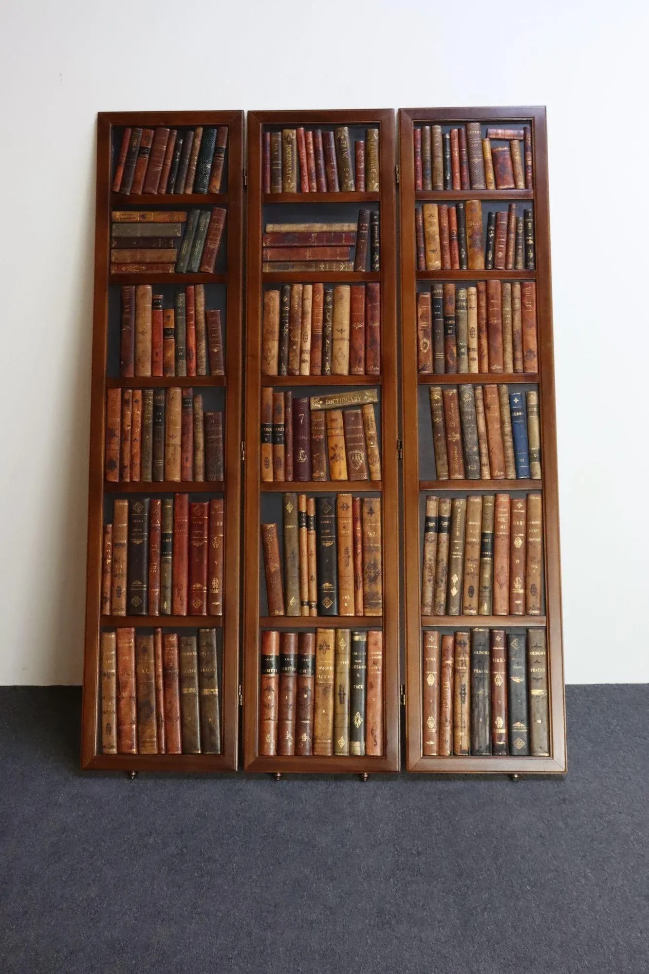 Vintage Italian Trompe l'Oeil Leather Book Library Folding Screen by Sarreid - 7