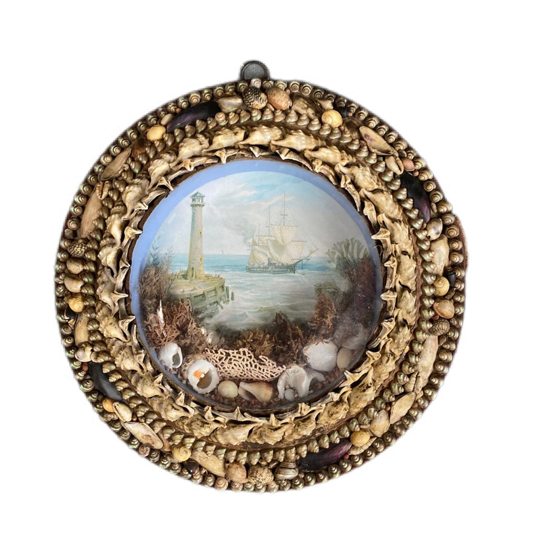 Edwardian Shellwork Valentine Diorama of a Ship Passing Lighthouse - 7