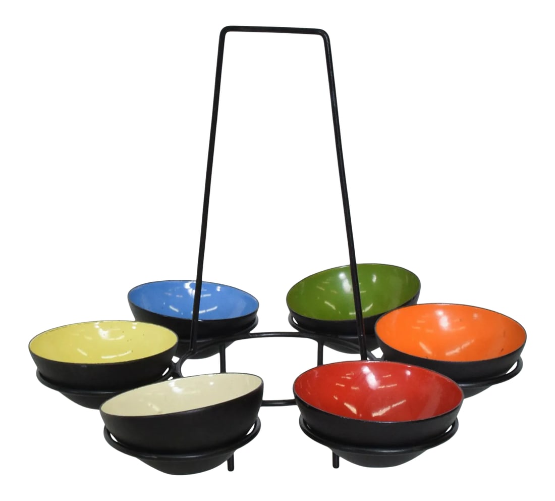 1950s Herbert Krenchel Colorful Krenit Serving Bowls Set of Six Denmark: AMBIANIC presents 1950s Herbert Krenchel Colorful Enamel Serving Bowls Set of Six Denmark. No label remains. Ghost label visible on one bowl. Copper enamel and iron. Extraordinary 1954 design Krenit
