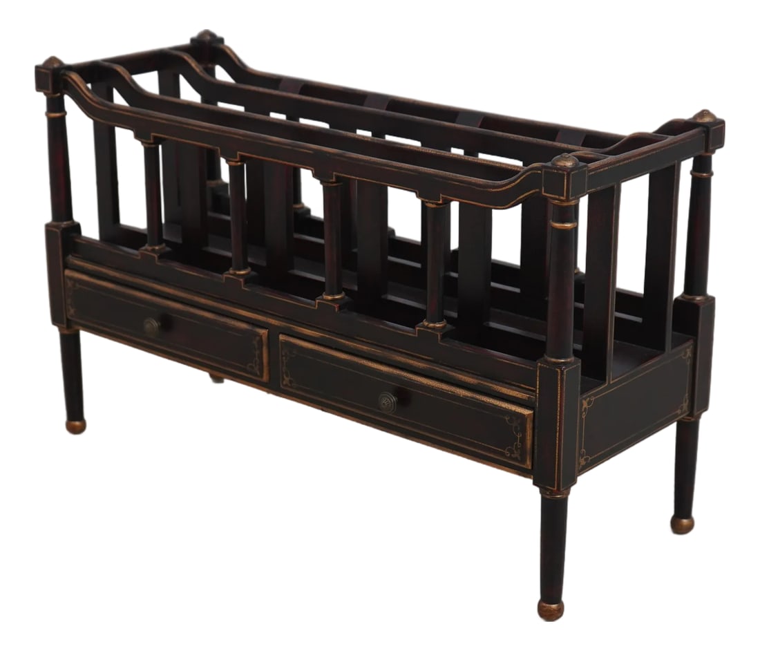 Stunning Regency 2 Drawer Painted Finish Canterbury Magazine Rack: Age: Approx: 20 Years Old Details: 2 Drawers Nice Black & Red Crackle Painted Finish Nice Gold Accents Condition: Excellent Original Finish & Condition Size: 33w x 12.5d x 21h Condition: Alterations: