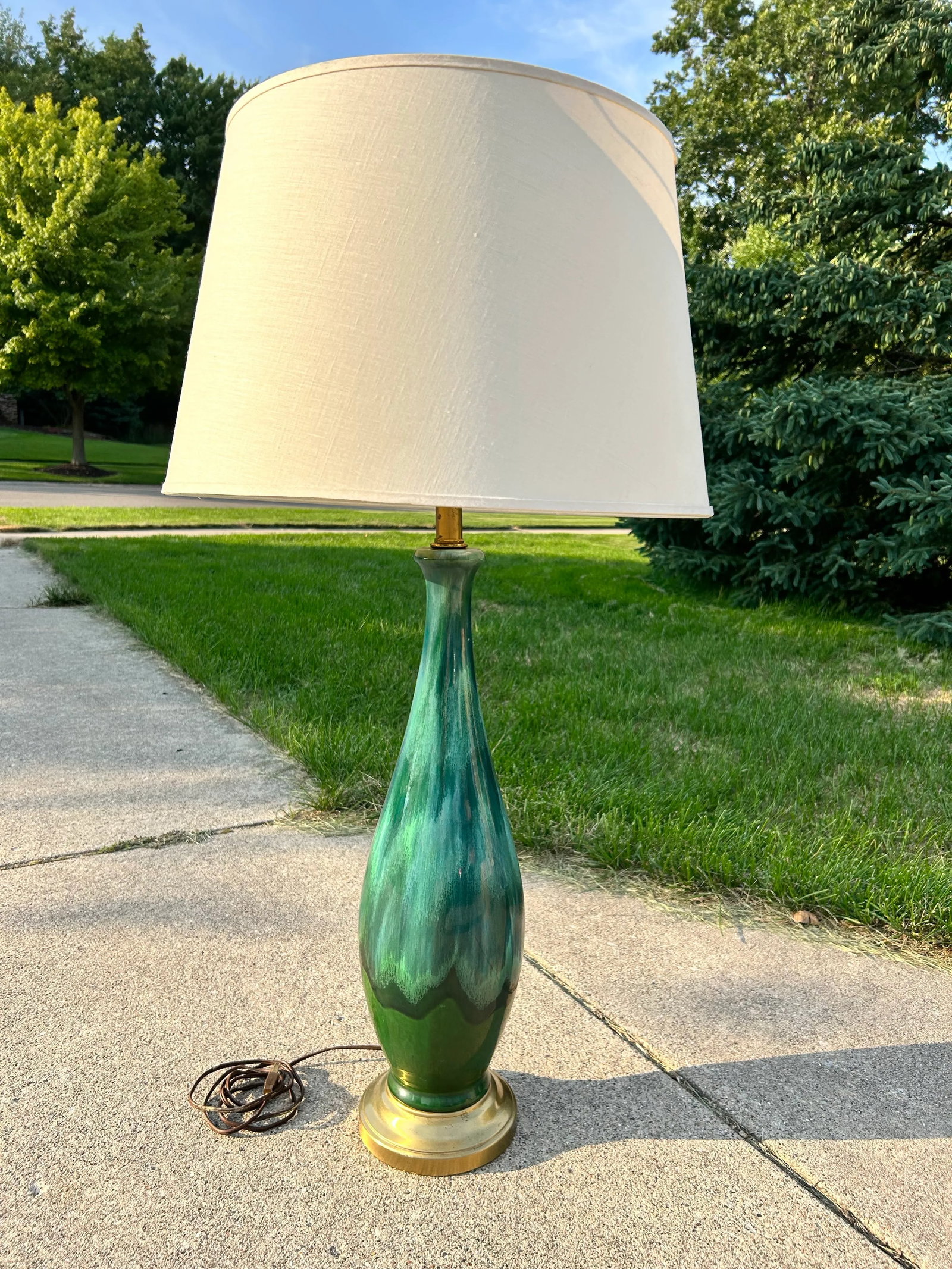 1960s Large Mid-Century Modern Drip Glaze Ceramic Table Lamp Green & Blue, Brass Base - 10