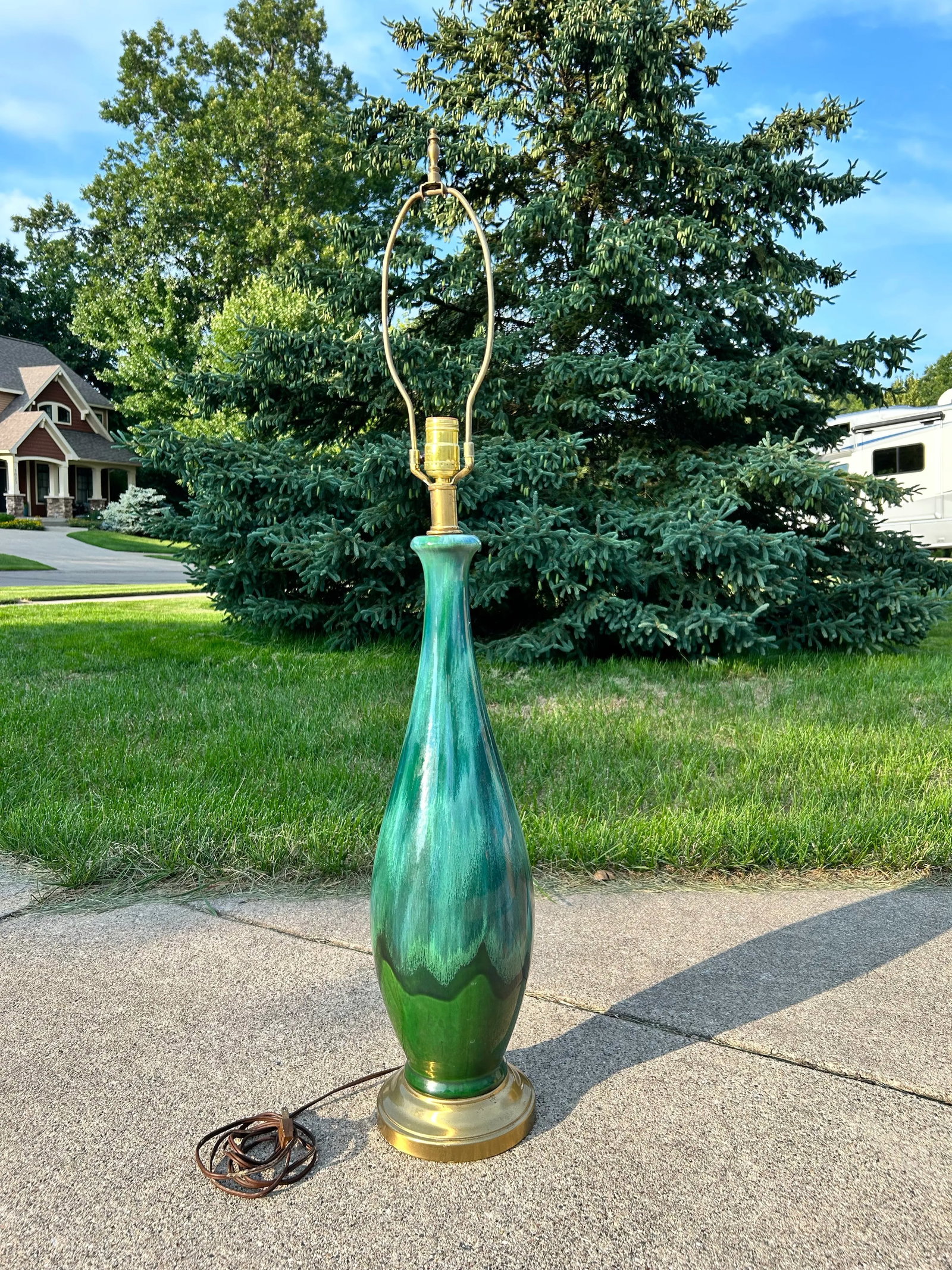 1960s Large Mid-Century Modern Drip Glaze Ceramic Table Lamp Green & Blue, Brass Base - 11