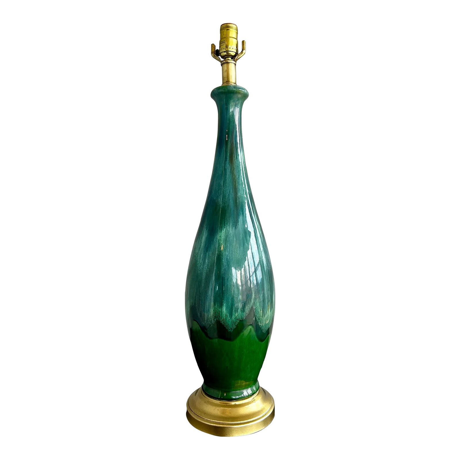 1960s Large Mid-Century Modern Drip Glaze Ceramic Table Lamp Green & Blue, Brass Base (1 of 11)