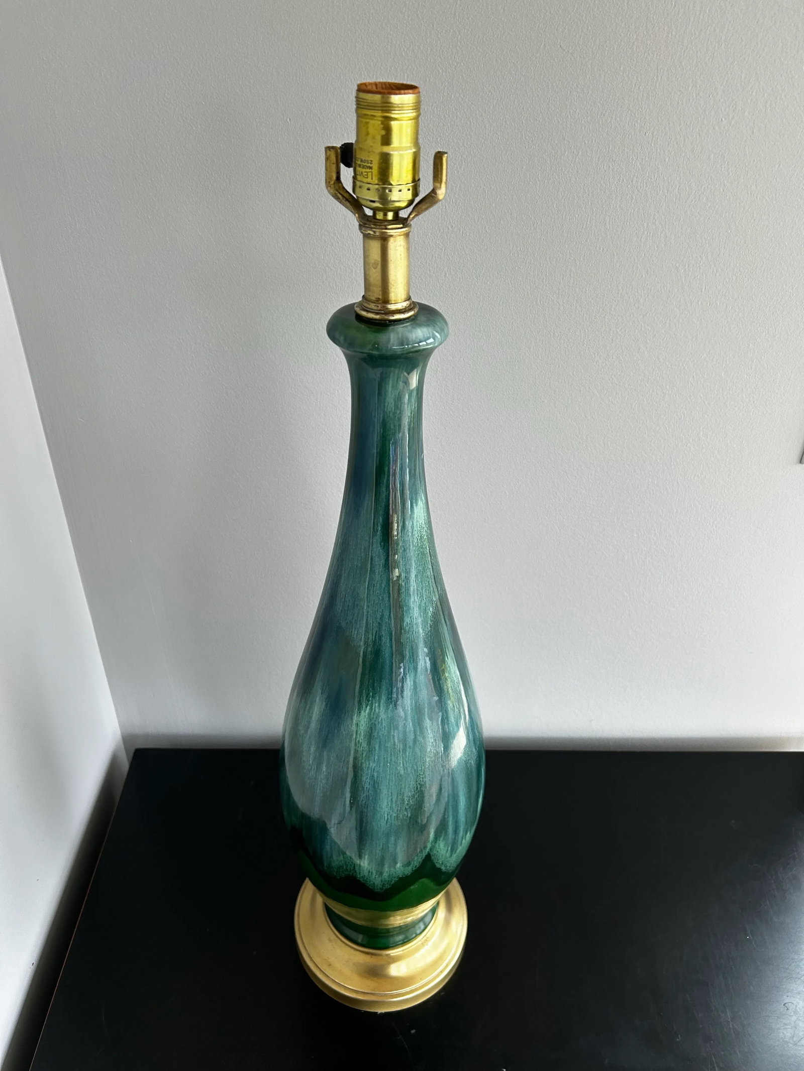 1960s Large Mid-Century Modern Drip Glaze Ceramic Table Lamp Green & Blue, Brass Base - 9