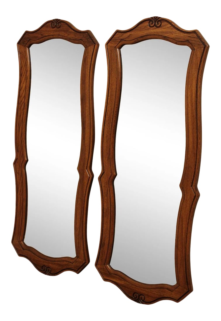 Thomasville French Country Style Vintage Oak Mirrors - a Pair: High Quality Solid Oak Frame Pair Mirrors by Thomasville Condition: Alterations: Original Condition Unaltered Imperfections: Some Imperfections Condition Notes: Clean Vintage Condition. Creator: