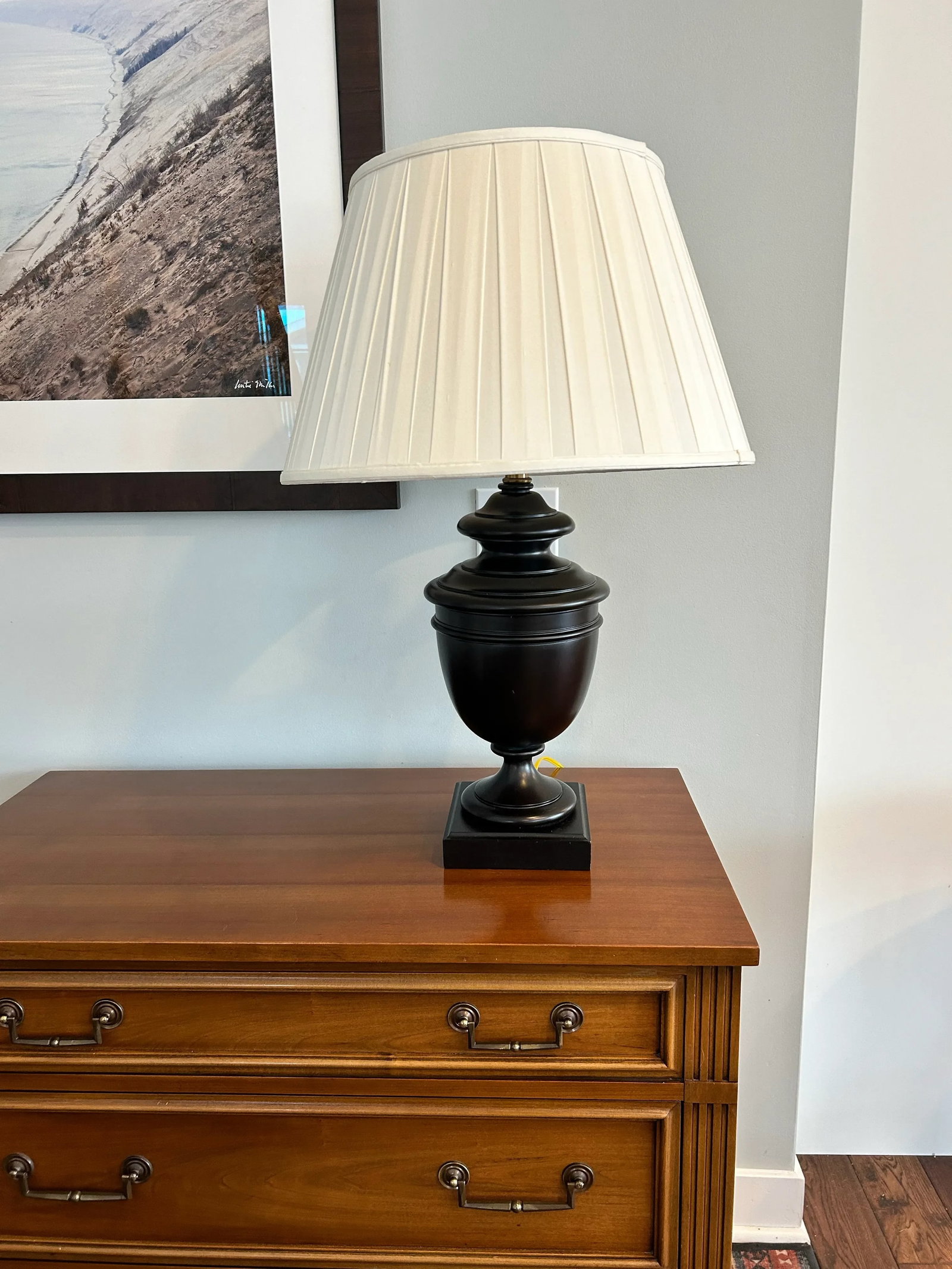 Late 20th Century Sculptural Solid Wood Pedestal Table Lamp With Pleated Silk Shade - 10