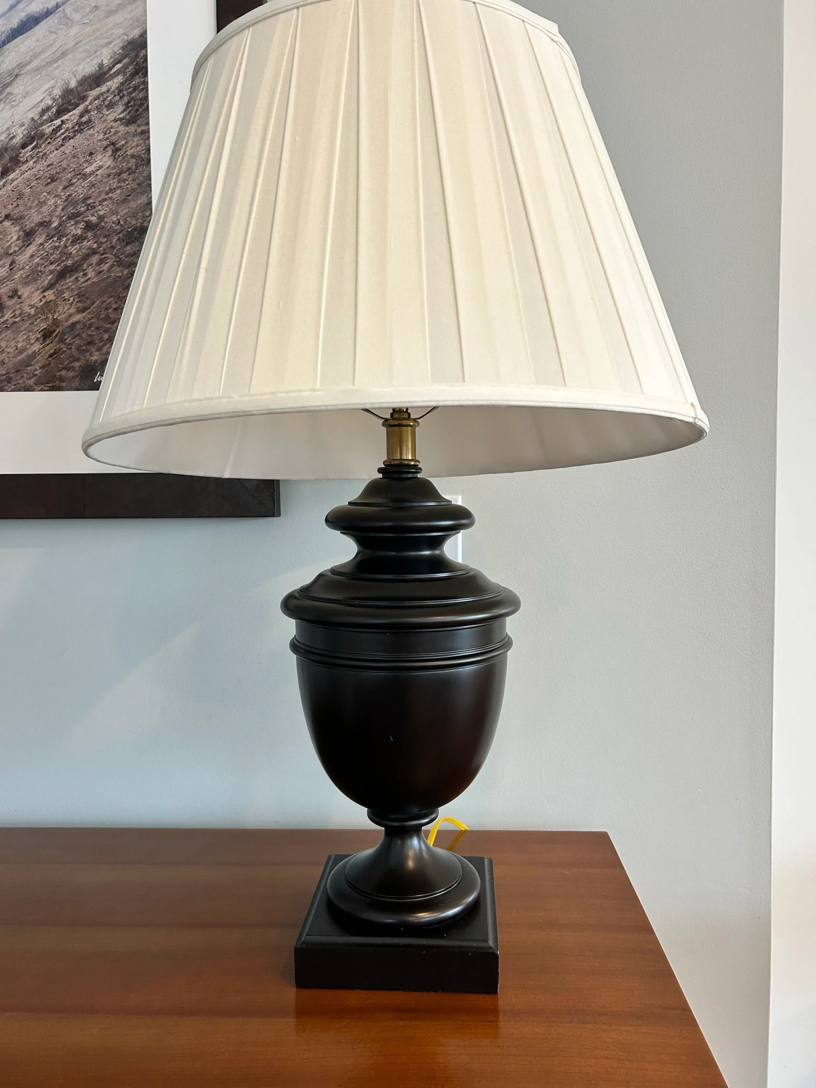 Late 20th Century Sculptural Solid Wood Pedestal Table Lamp With Pleated Silk Shade - 11