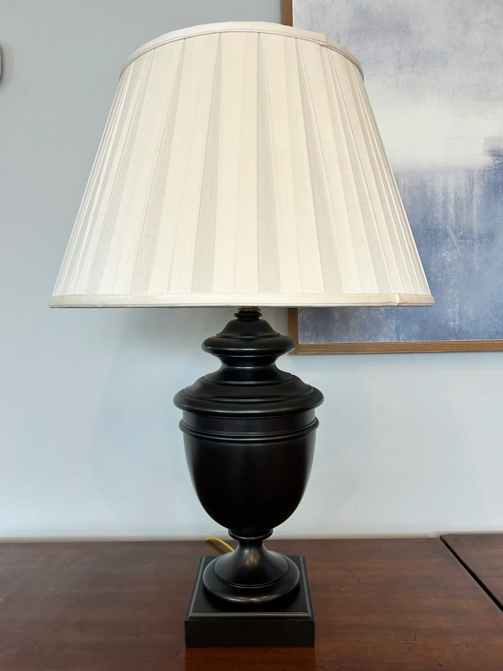 Late 20th Century Sculptural Solid Wood Pedestal Table Lamp With Pleated Silk Shade - 2