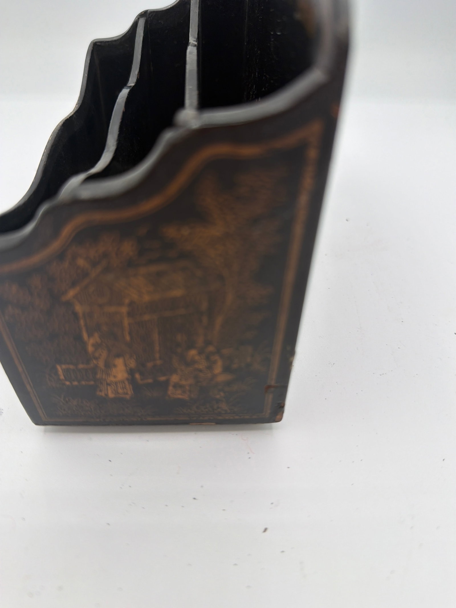 Late 19th Century Chinoiserie or Japanese Victorian Letter Holder or Wall Pocket Black Lacquer - 10
