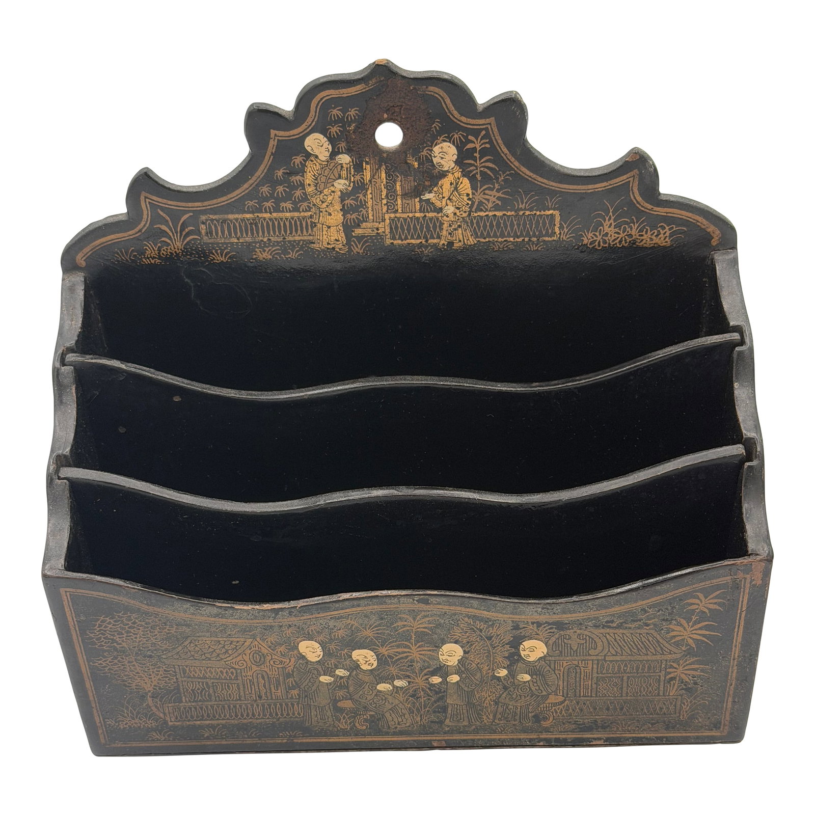 Late 19th Century Chinoiserie or Japanese Victorian Letter Holder or Wall Pocket Black Lacquer: Victorian desk accessories say it all. They make something so mundane into something fun and decorative. Back in the day they were brought over from China and Japan by the boatload This one can sit on