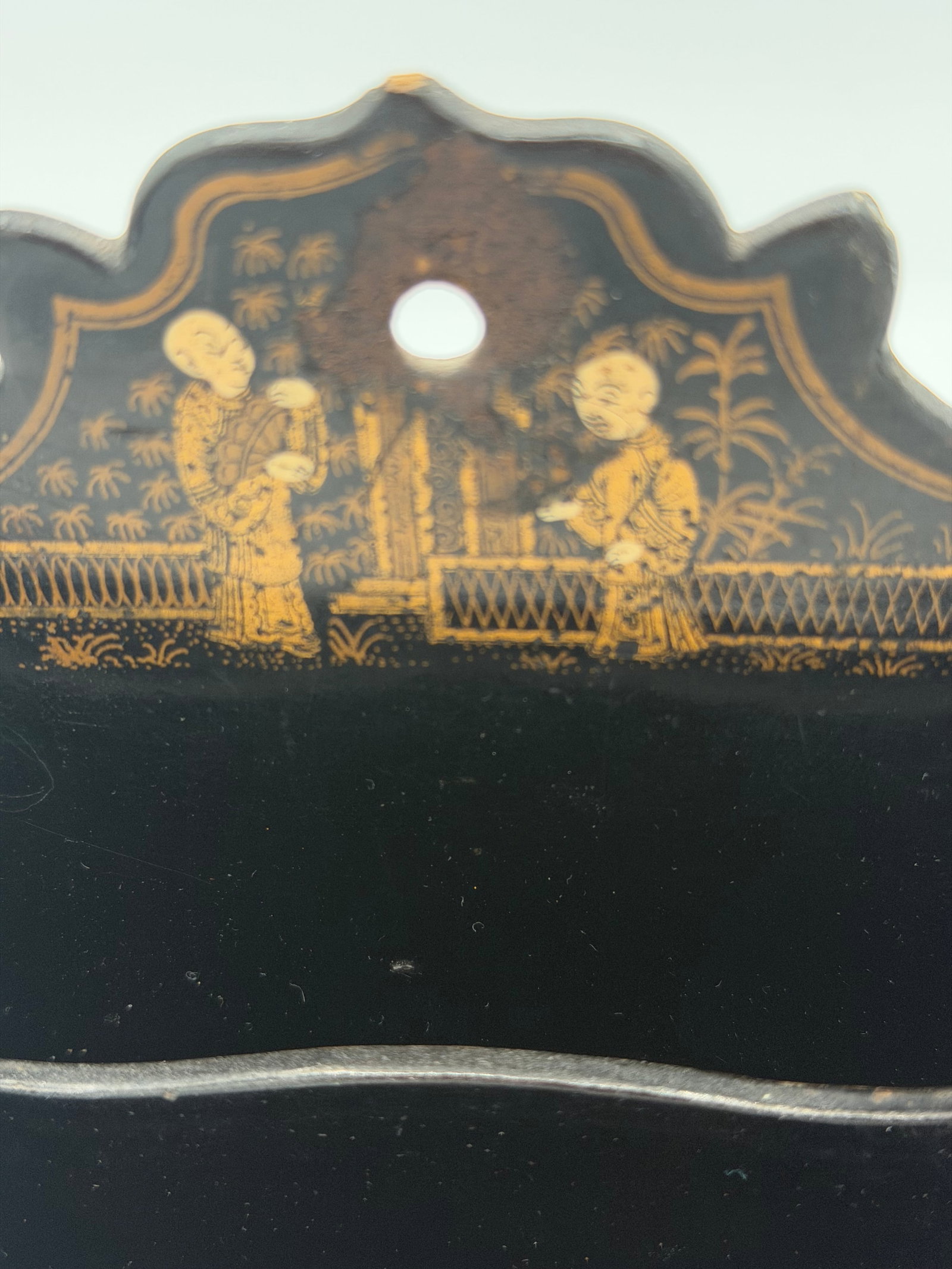 Late 19th Century Chinoiserie or Japanese Victorian Letter Holder or Wall Pocket Black Lacquer - 5
