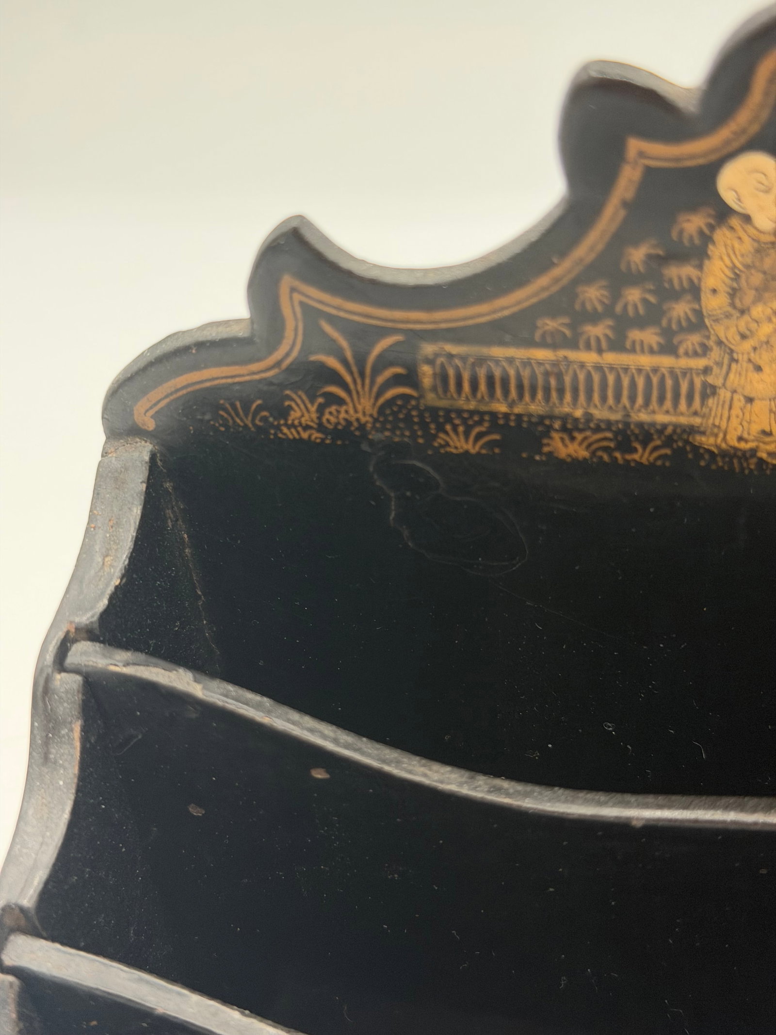 Late 19th Century Chinoiserie or Japanese Victorian Letter Holder or Wall Pocket Black Lacquer - 7