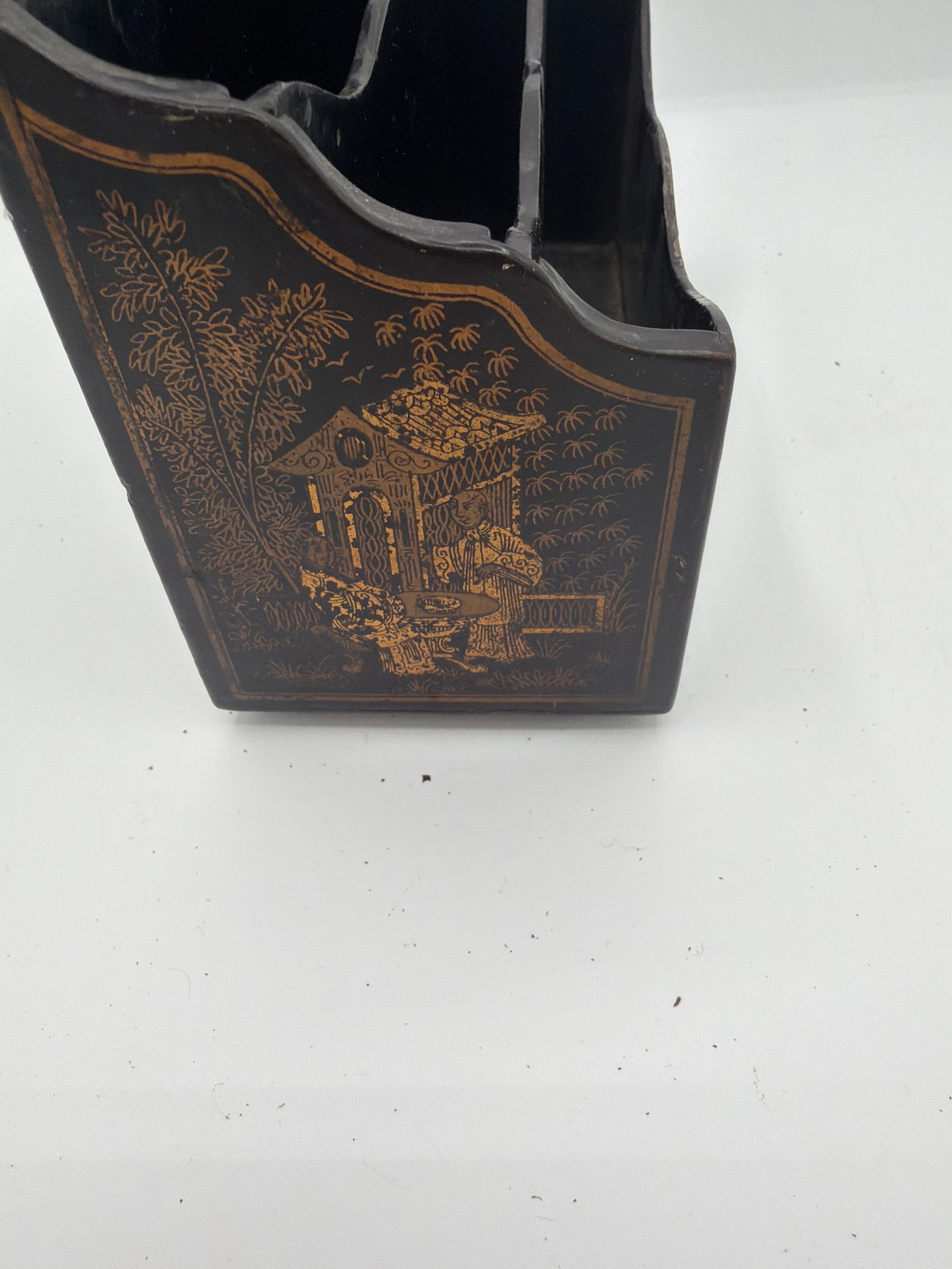 Late 19th Century Chinoiserie or Japanese Victorian Letter Holder or Wall Pocket Black Lacquer - 9