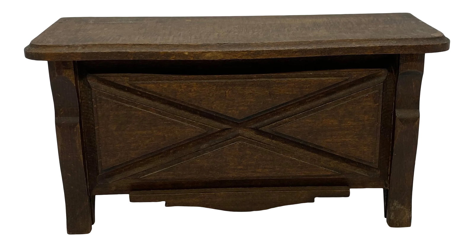 1920's Primitive French Country Cherry Wood Jewelry Casket: Antique Primitive French Country Cherry Wood Jewelry Casket. A beautiful rustic 1920's century jewelry casket with hinged lid. The Box is designed with cross-cutting lines on the front and four legs