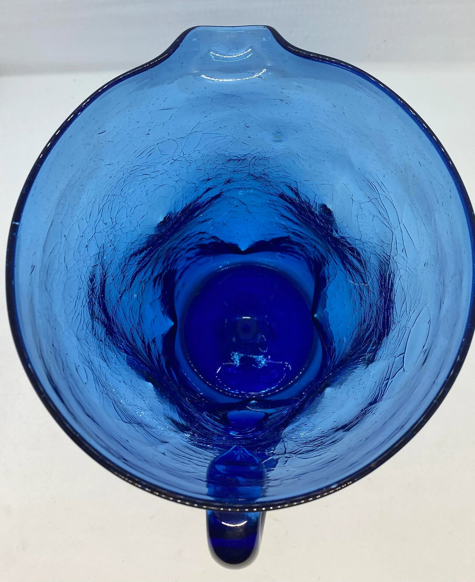 Mid-Century West Virginia Bischoff Glass Company Cobalt Blue Crackle Glass Pitcher - 10