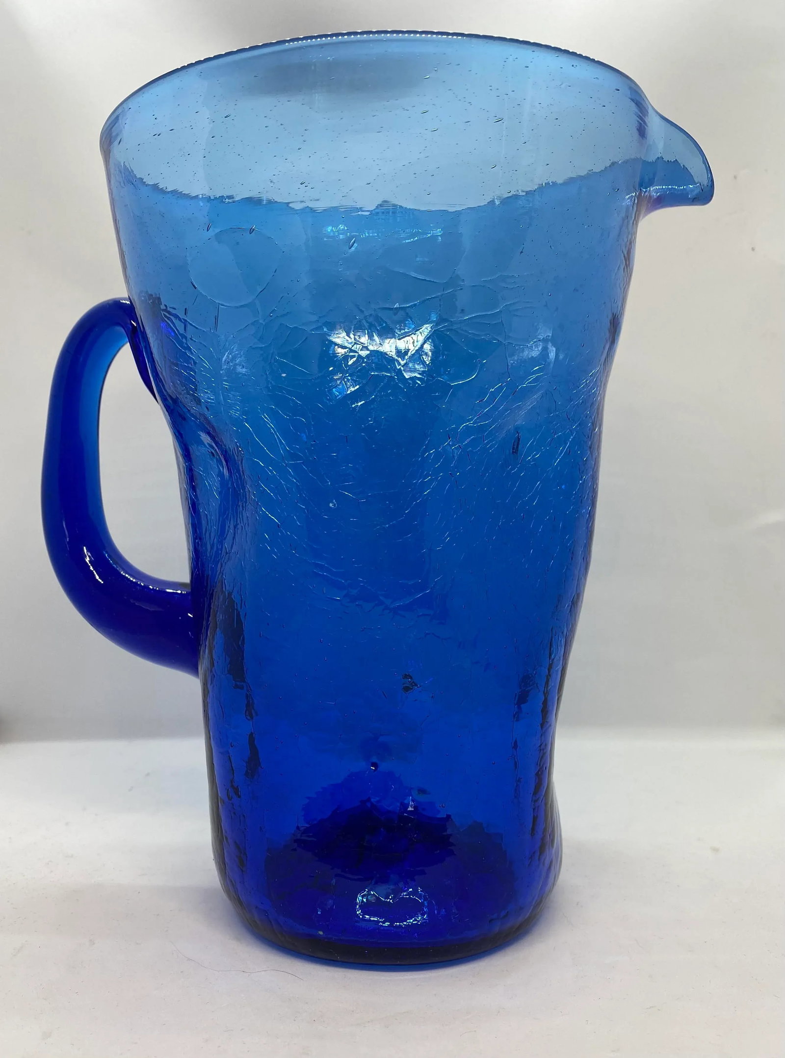 Mid-Century West Virginia Bischoff Glass Company Cobalt Blue Crackle Glass Pitcher - 12