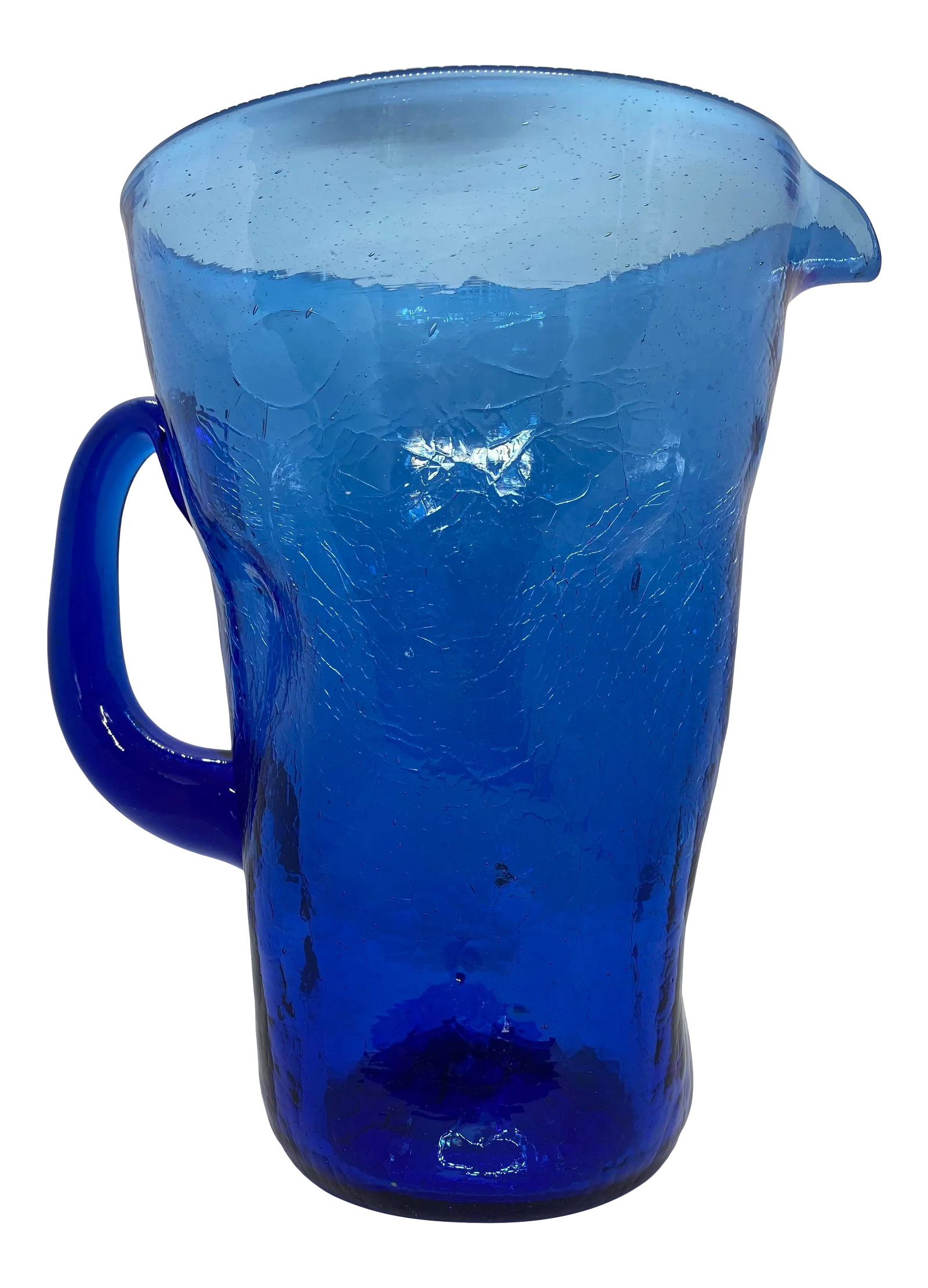 Mid-Century West Virginia Bischoff Glass Company Cobalt Blue Crackle Glass Pitcher: Beautiful Midcentury Cobalt Blue Crackle Glass Pitcher! It was made by the Bischoff Glass Company which was located in West Virginia. The Pitcher is in excellent condition with no chips or cracks. The