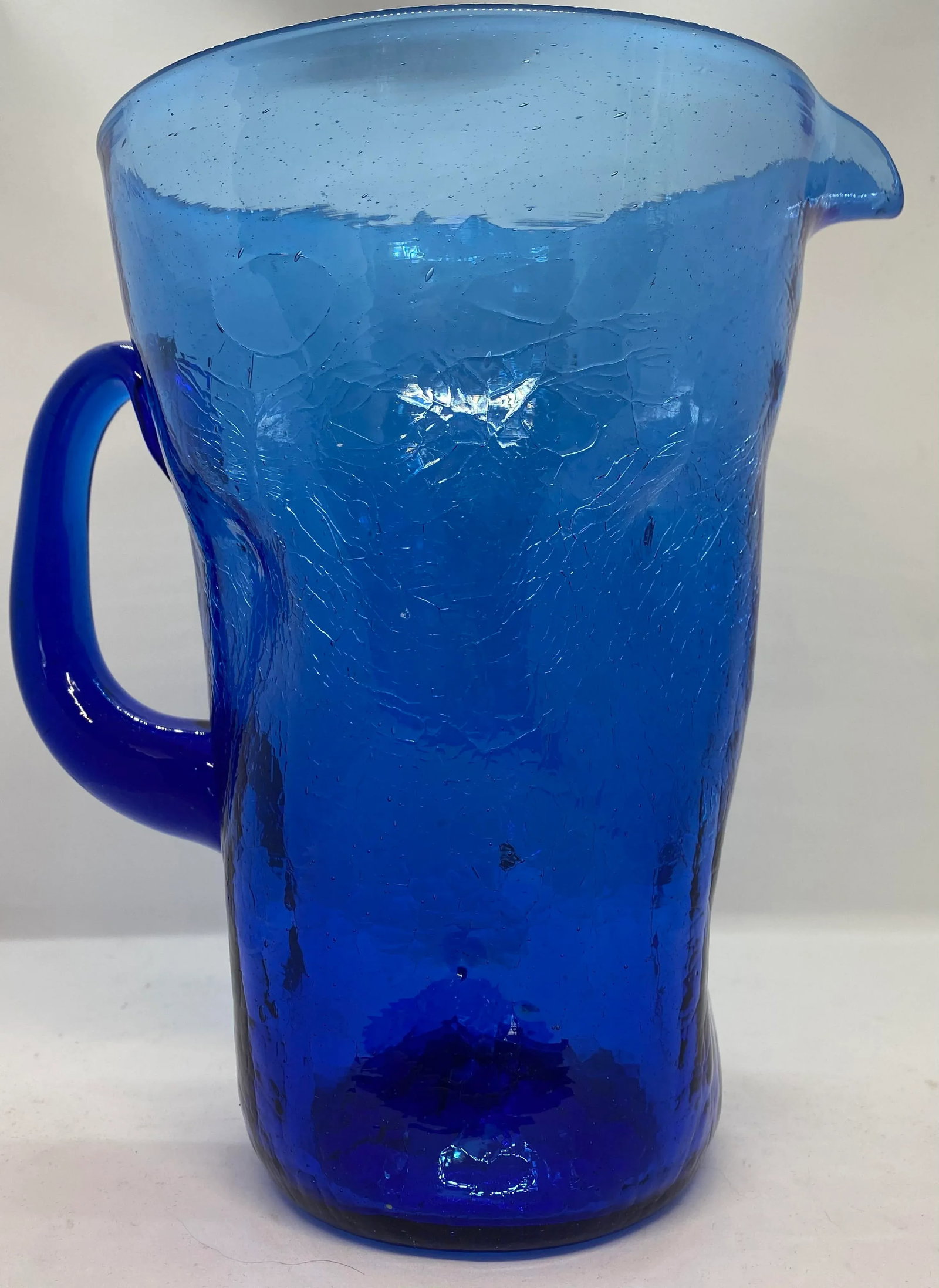 Mid-Century West Virginia Bischoff Glass Company Cobalt Blue Crackle Glass Pitcher - 2
