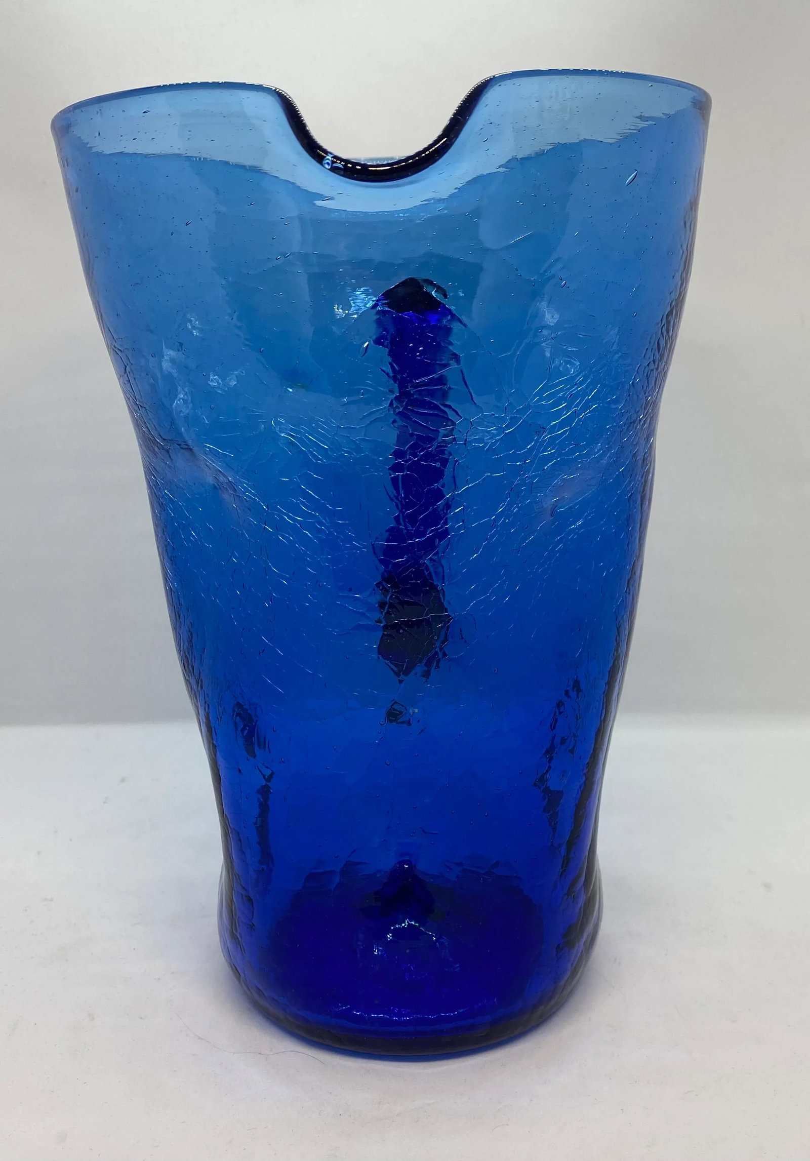 Mid-Century West Virginia Bischoff Glass Company Cobalt Blue Crackle Glass Pitcher - 3