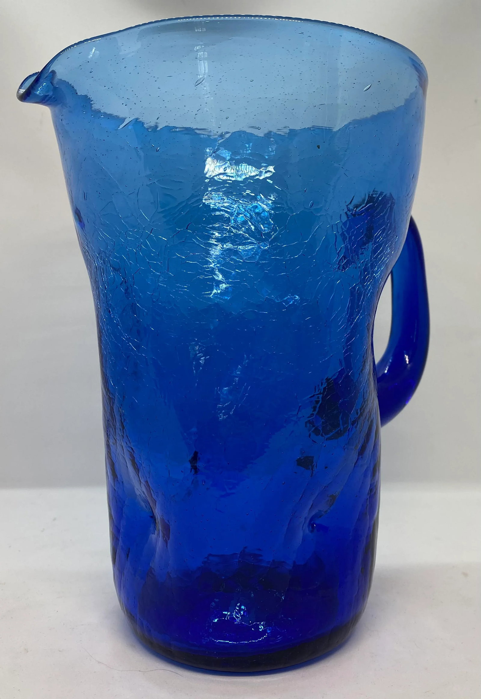 Mid-Century West Virginia Bischoff Glass Company Cobalt Blue Crackle Glass Pitcher - 4