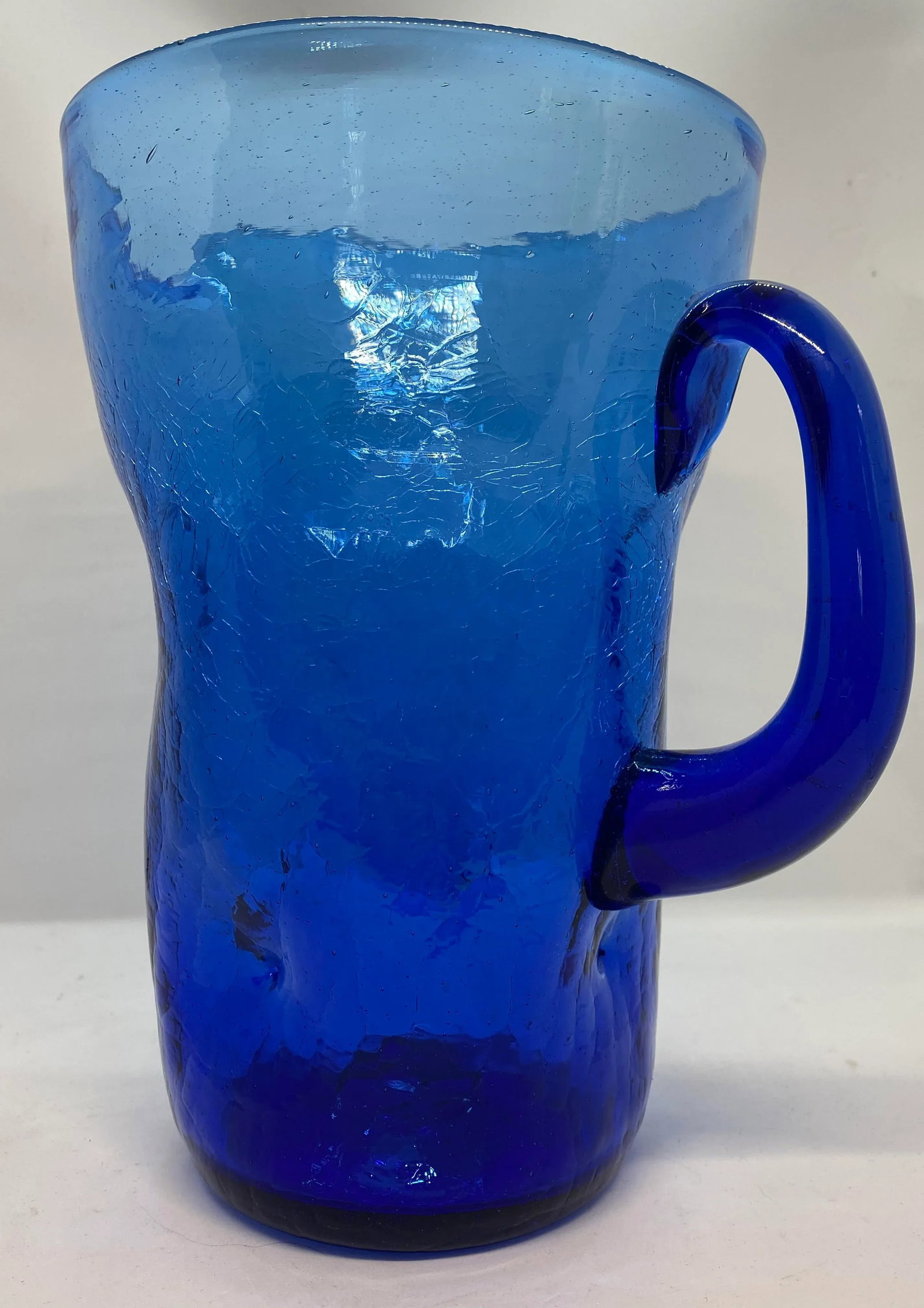 Mid-Century West Virginia Bischoff Glass Company Cobalt Blue Crackle Glass Pitcher - 5