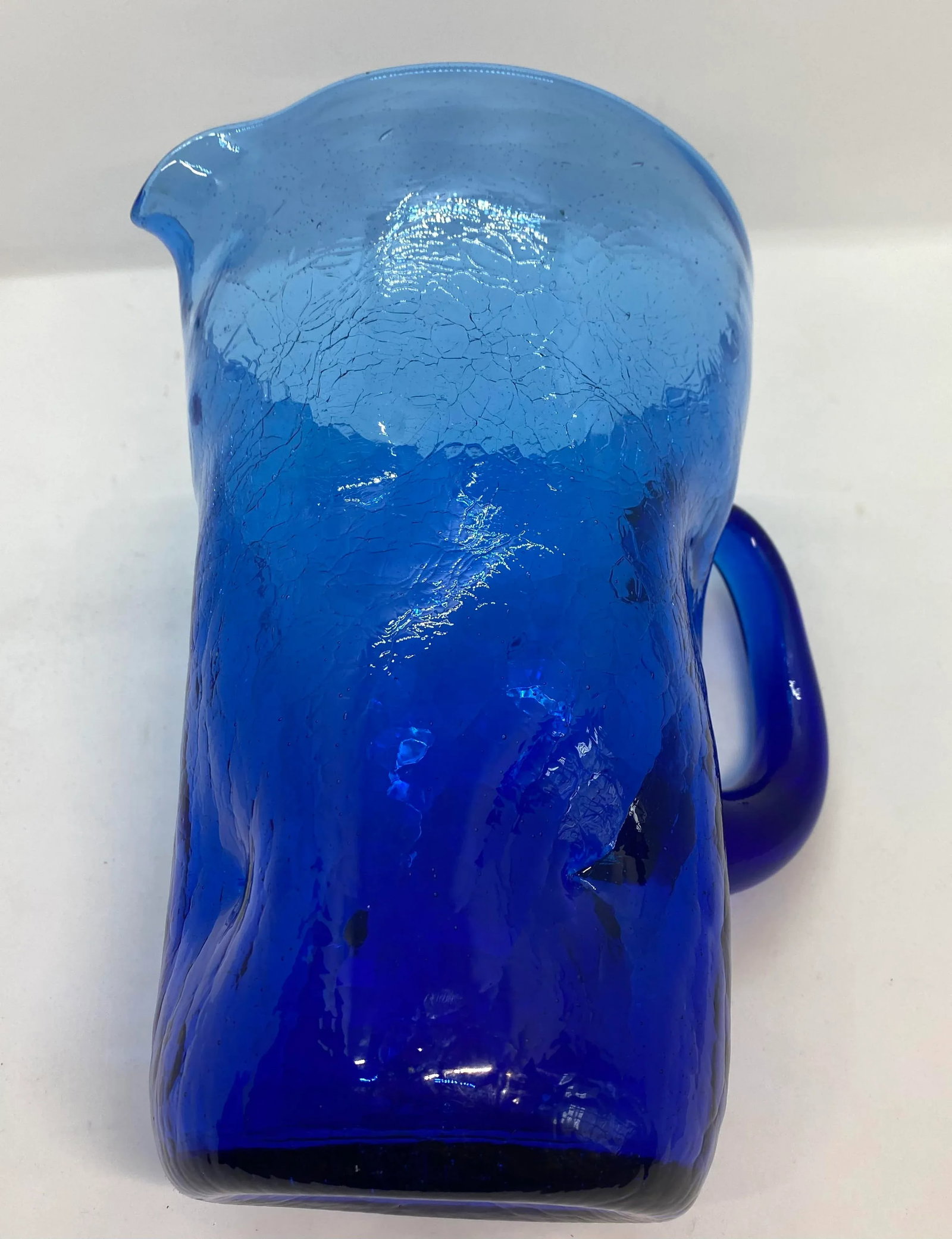 Mid-Century West Virginia Bischoff Glass Company Cobalt Blue Crackle Glass Pitcher - 7