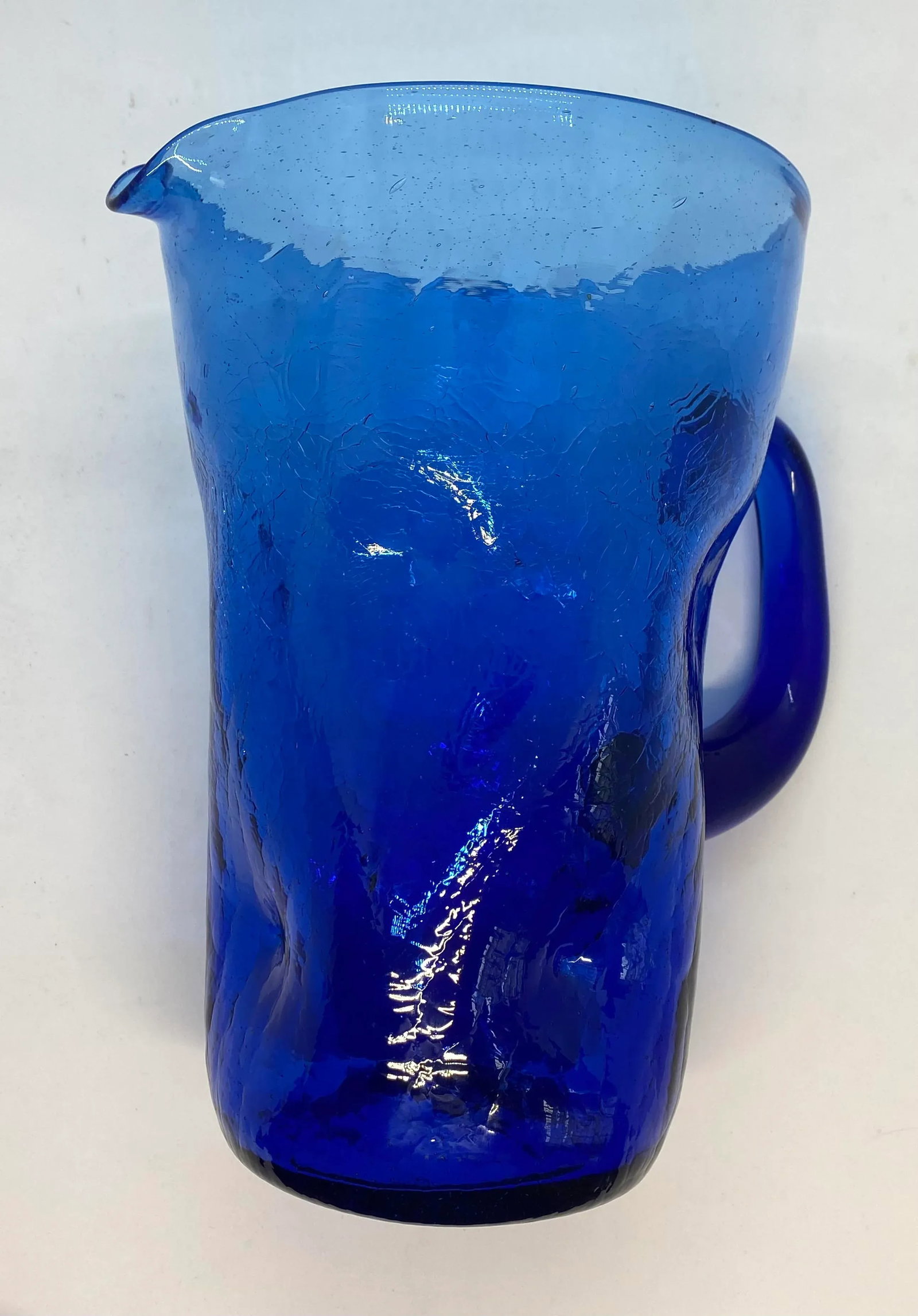 Mid-Century West Virginia Bischoff Glass Company Cobalt Blue Crackle Glass Pitcher - 8
