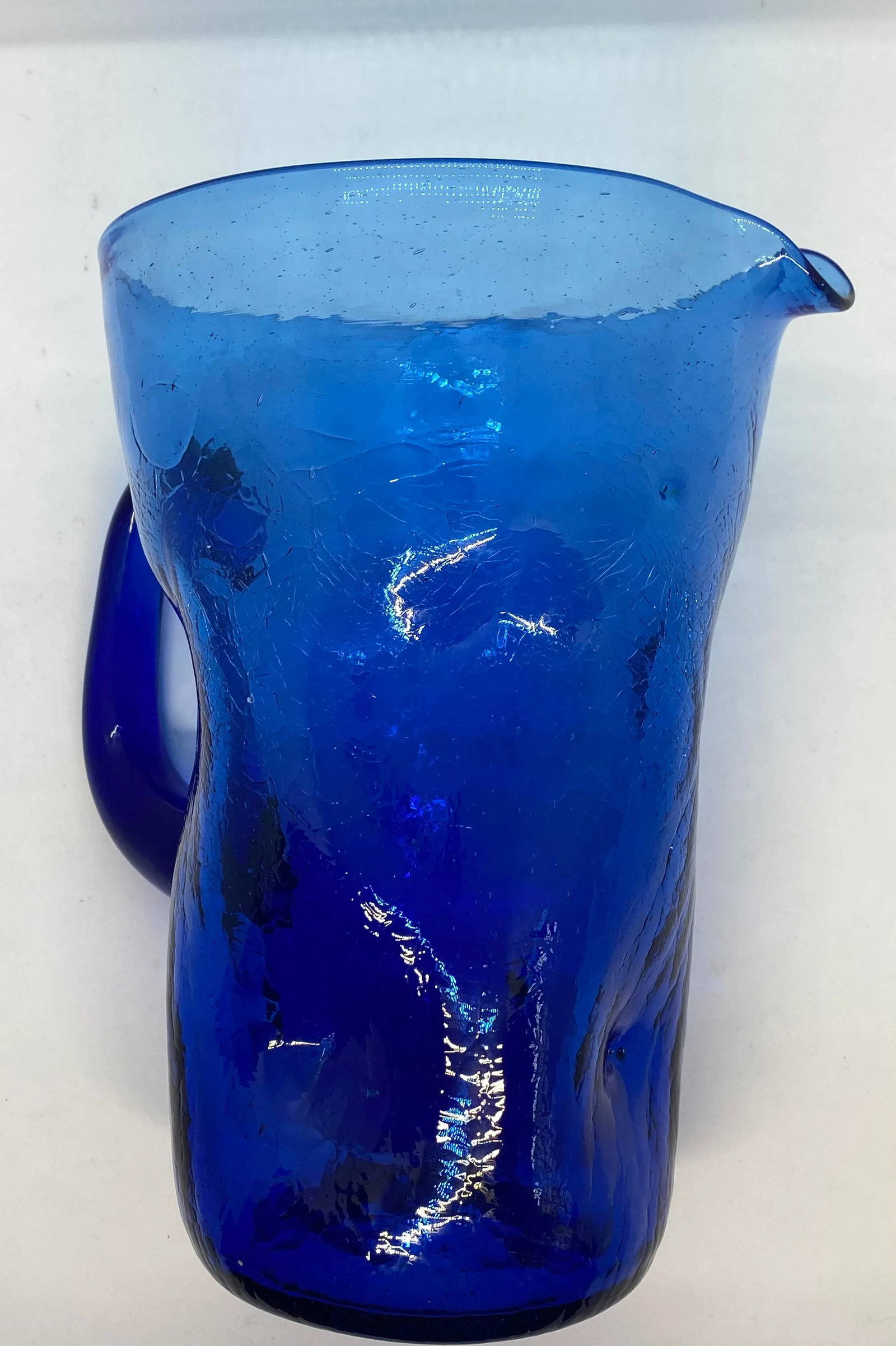 Mid-Century West Virginia Bischoff Glass Company Cobalt Blue Crackle Glass Pitcher - 9