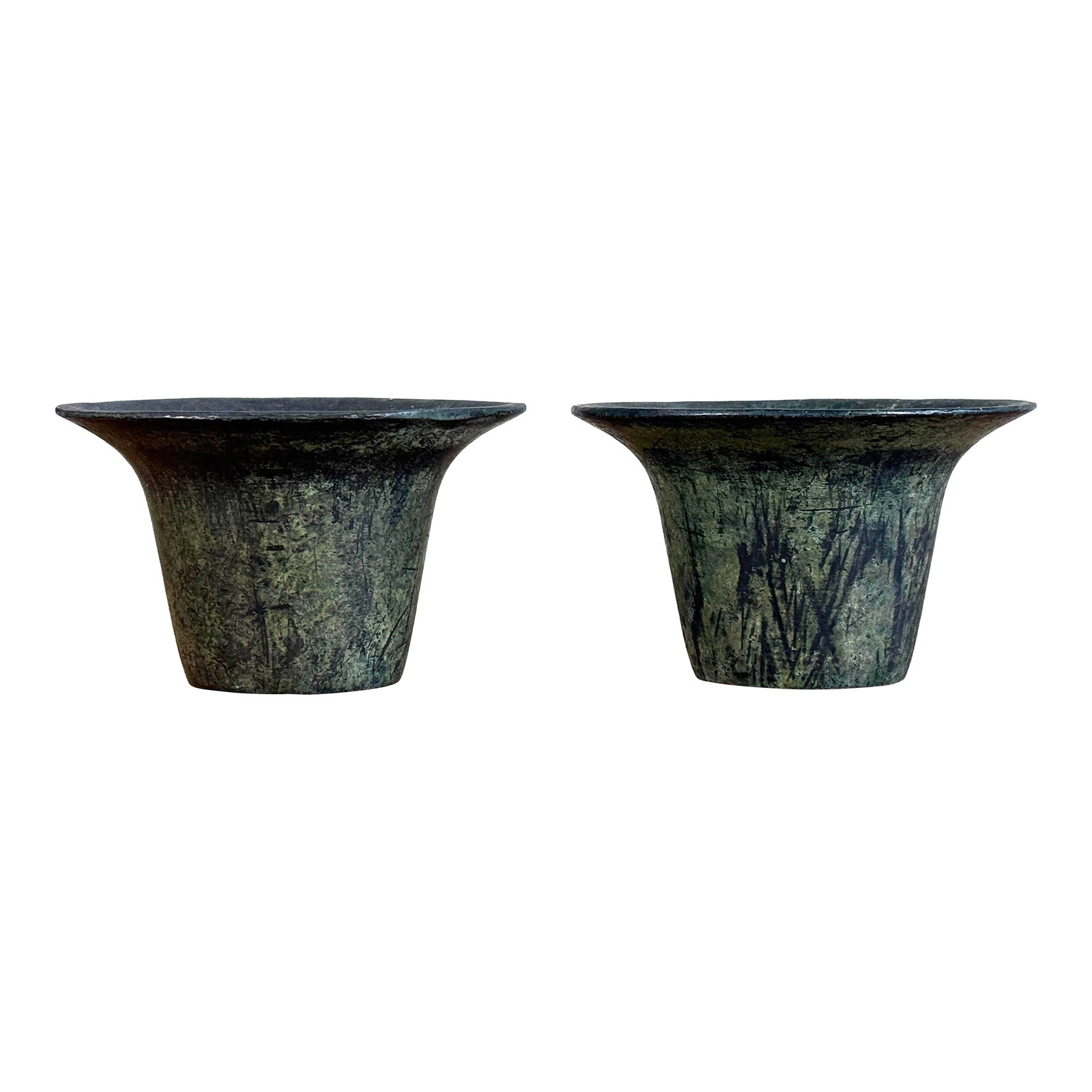 Mid Century Modern Cast Bronze Candle Holders With Verdigris Patina - A Pair: A handsome pair of Mid Century Modern cast bronze candle holders featuring a richly developed verdigris patina. Each piece has a flared trumpet form with beautifully varied surface coloration, with