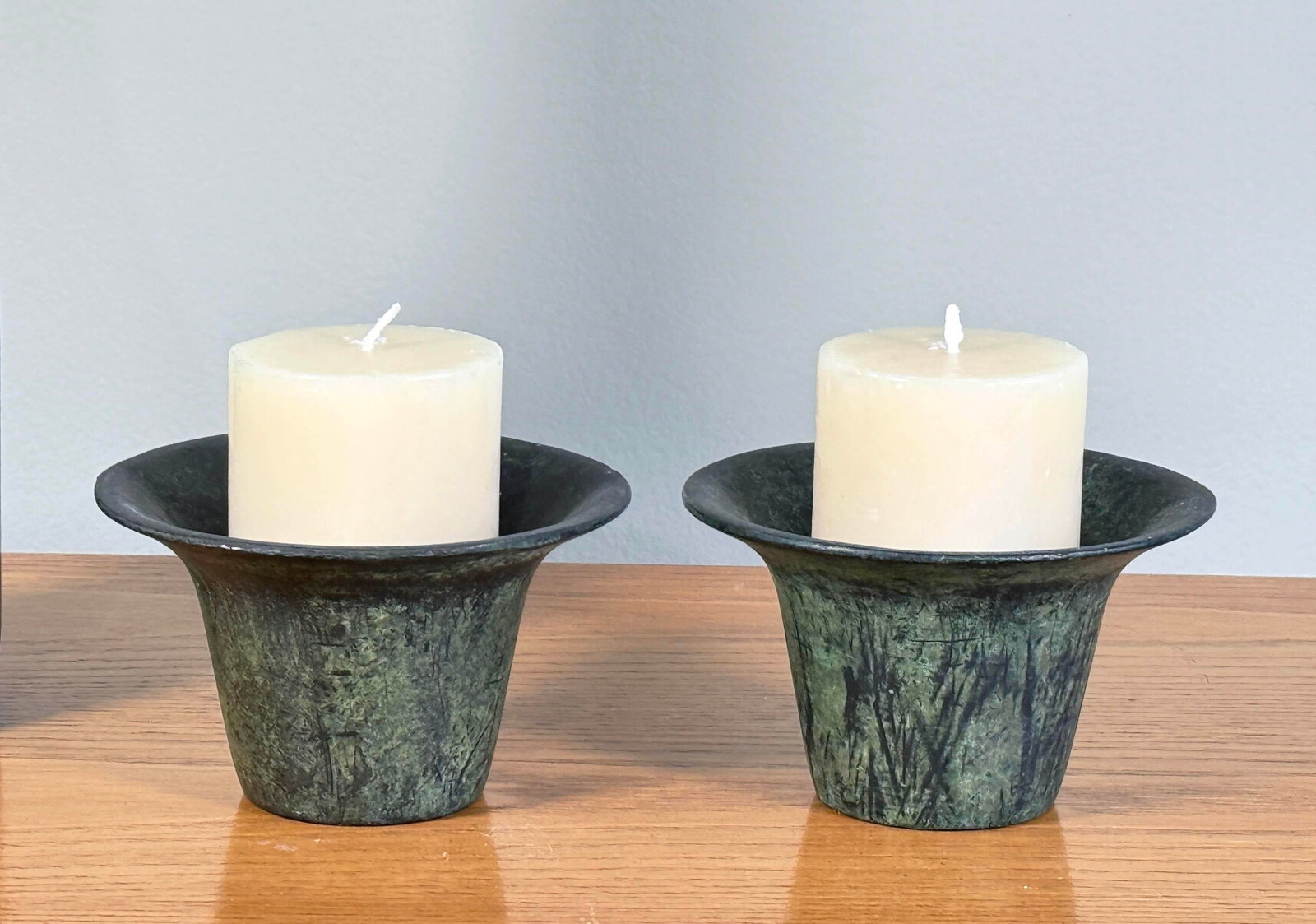 Mid Century Modern Cast Bronze Candle Holders With Verdigris Patina - A Pair - 2