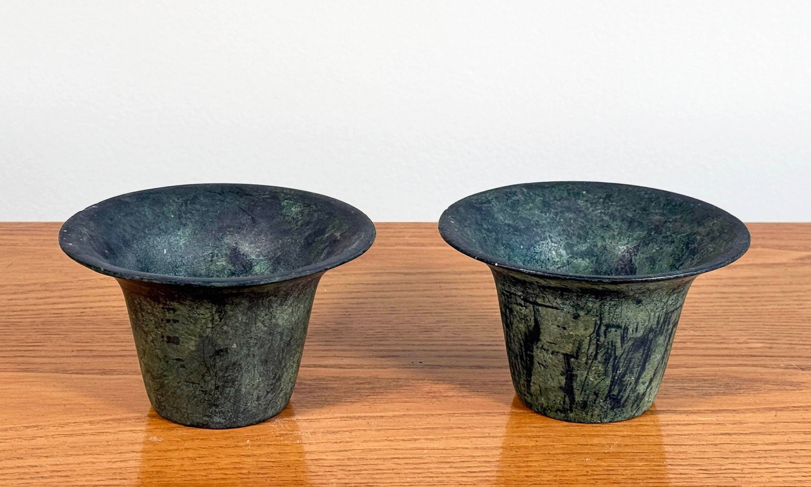 Mid Century Modern Cast Bronze Candle Holders With Verdigris Patina - A Pair - 3