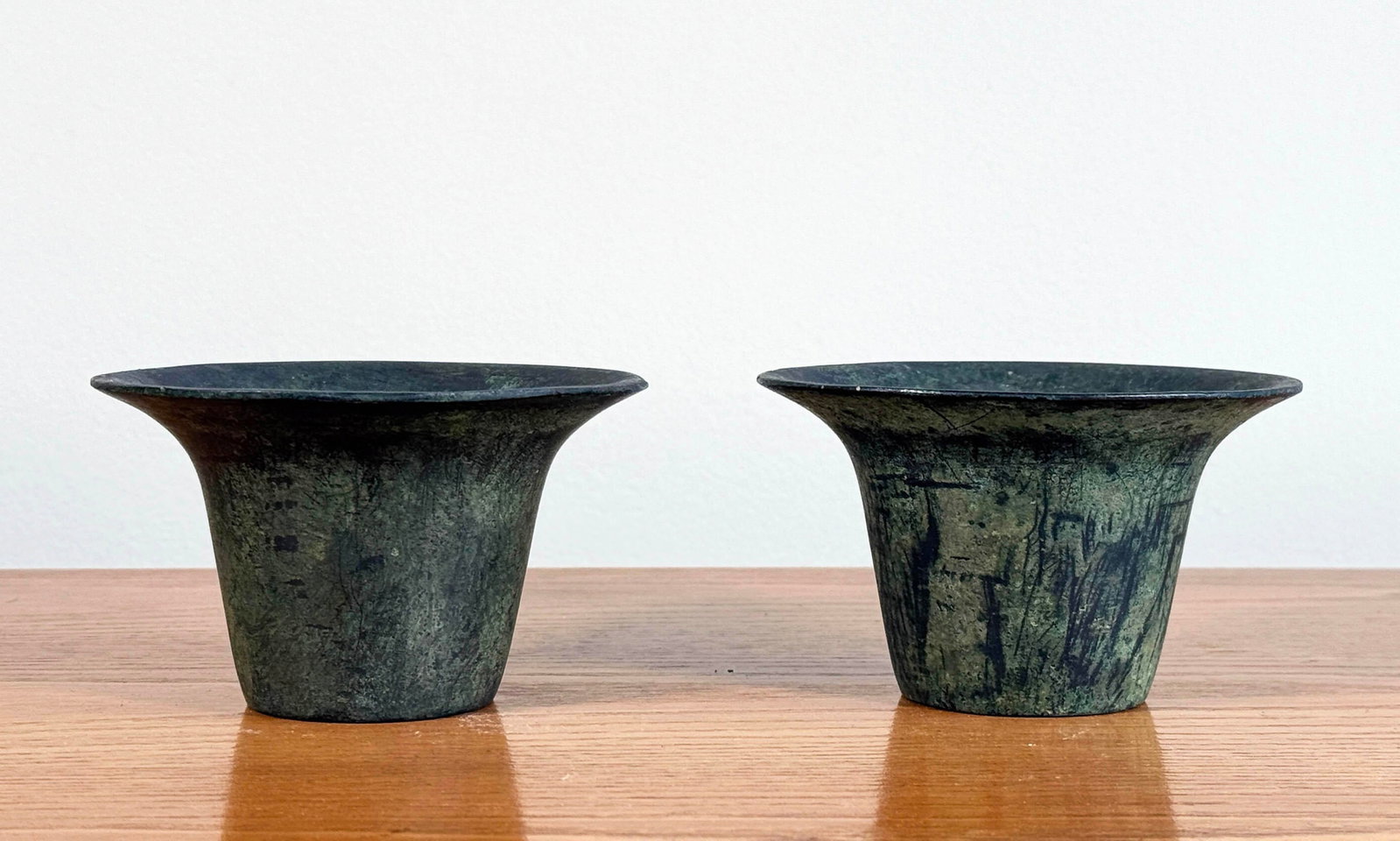 Mid Century Modern Cast Bronze Candle Holders With Verdigris Patina - A Pair - 5
