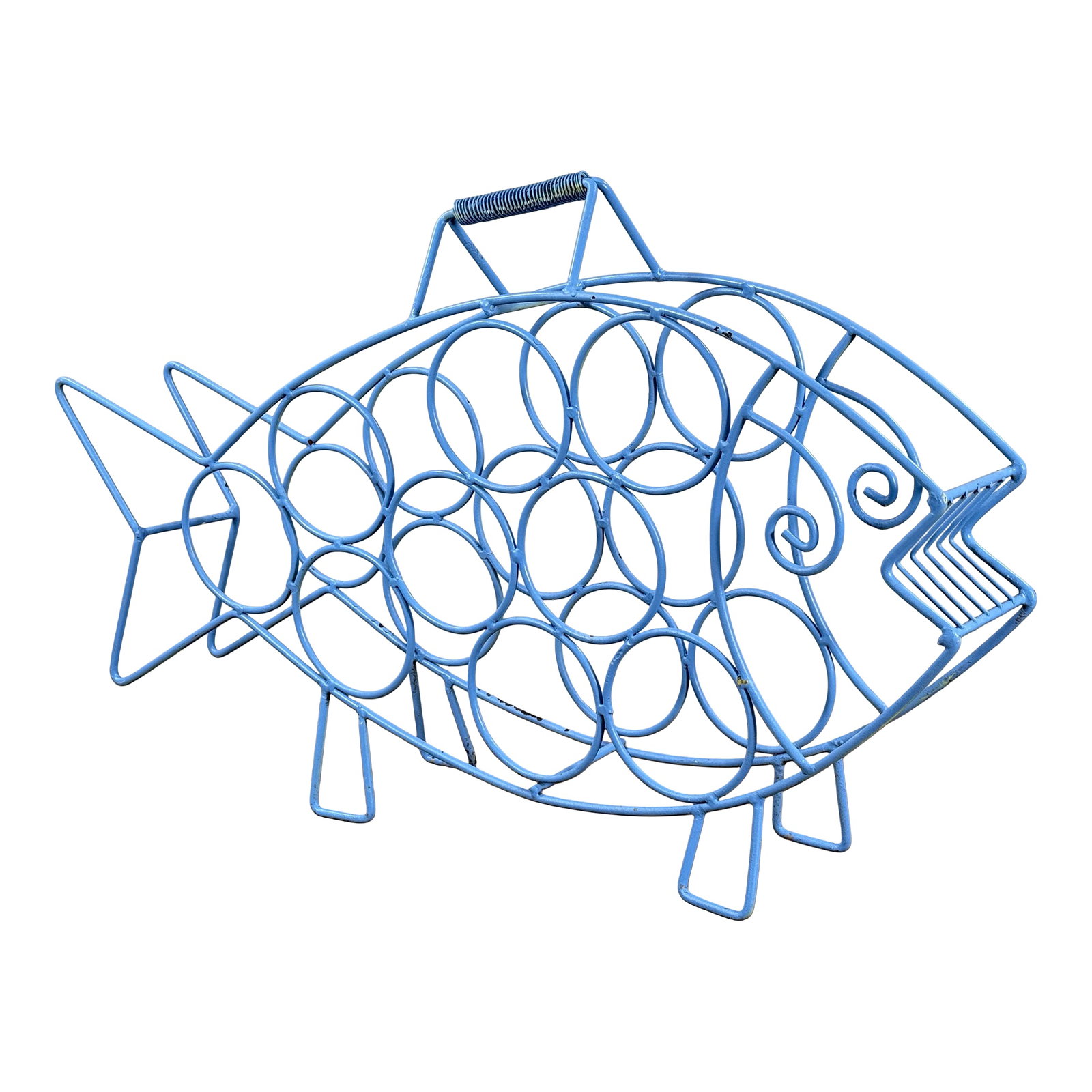 Mid Century Modern Blue Wire Fish Wine Bottle Holder Sculptural Bar Rack: This mid century modern wire wine bottle holder is formed as a stylized fish in bright blue painted metal with circular ring openings designed to hold multiple bottles and a coiled handle at the top f