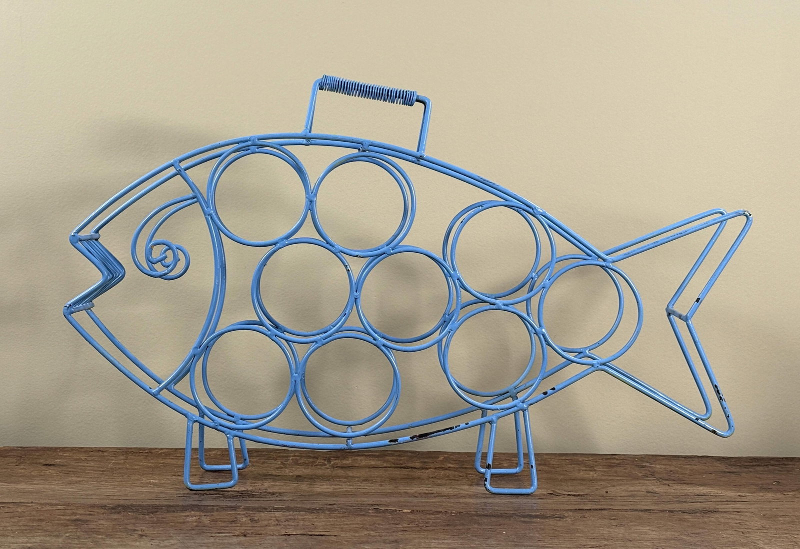 Mid Century Modern Blue Wire Fish Wine Bottle Holder Sculptural Bar Rack - 2