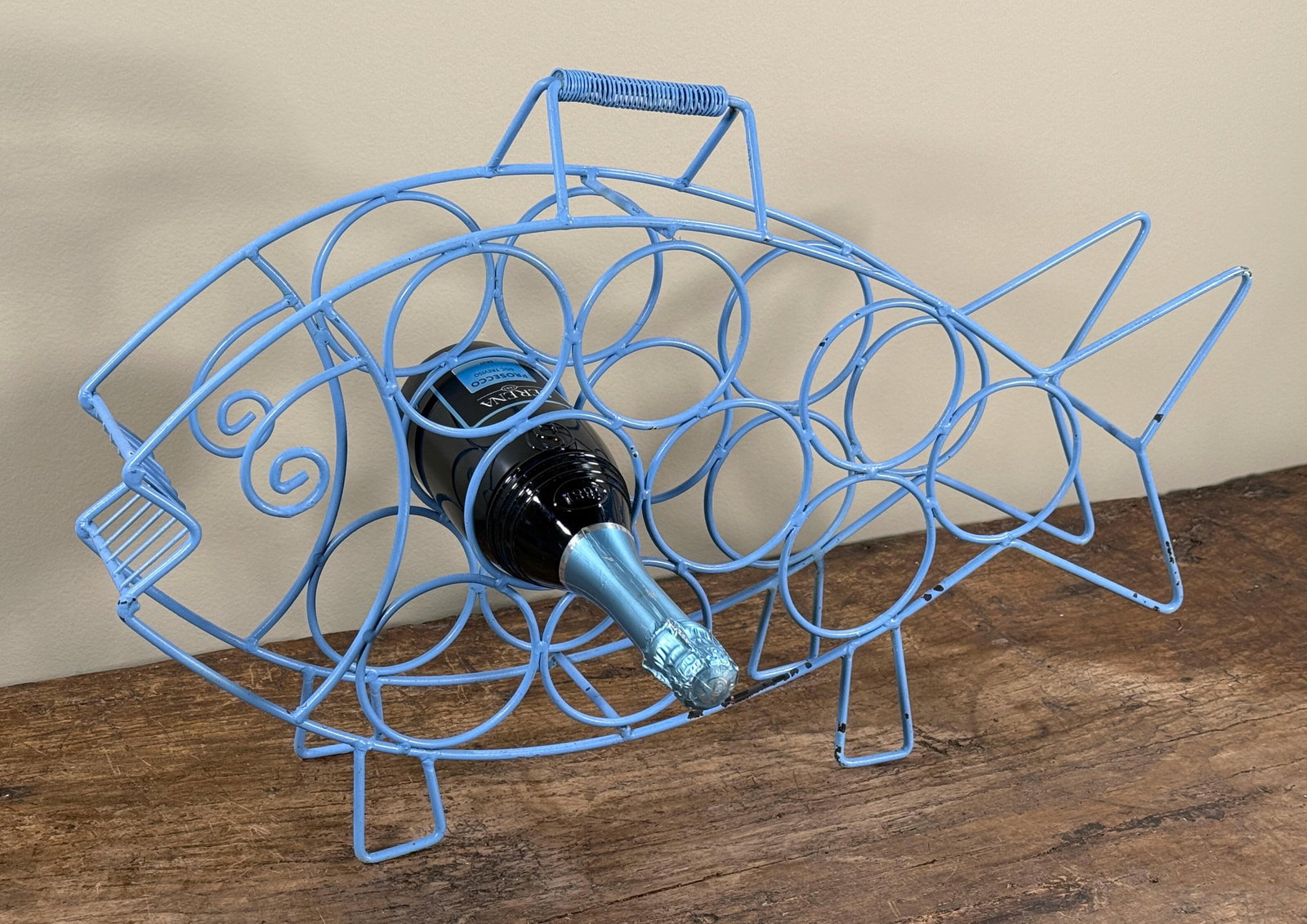 Mid Century Modern Blue Wire Fish Wine Bottle Holder Sculptural Bar Rack - 3