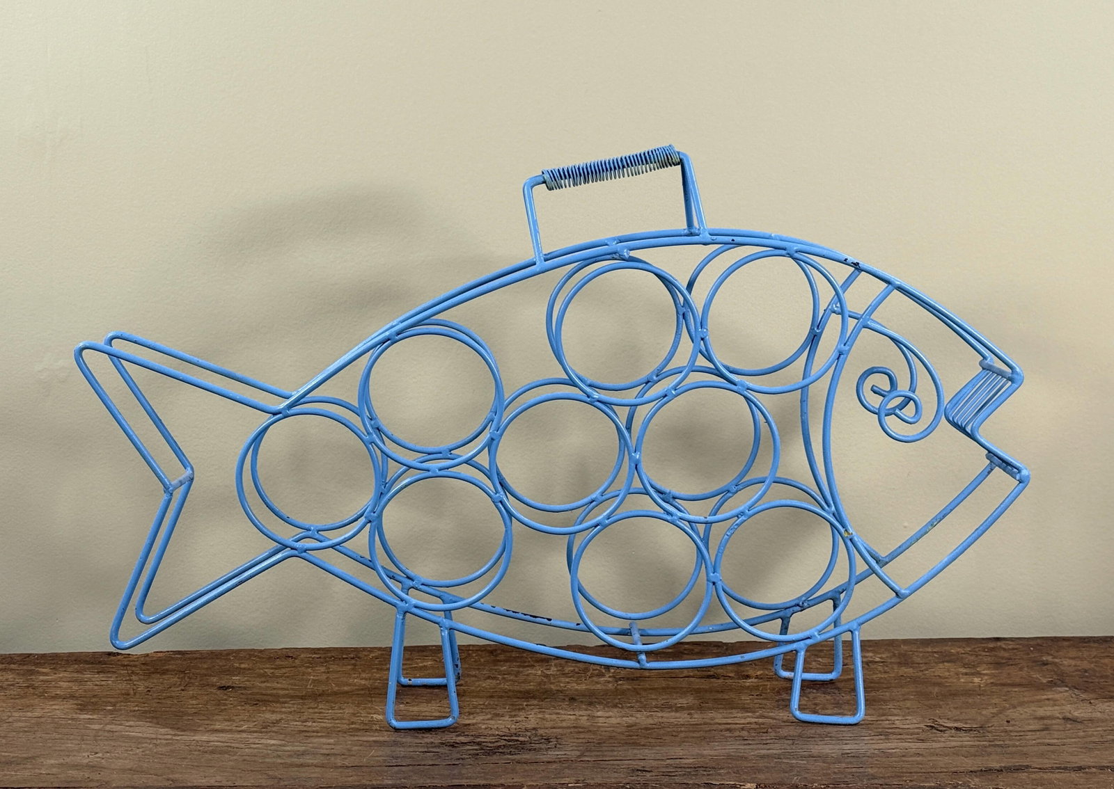 Mid Century Modern Blue Wire Fish Wine Bottle Holder Sculptural Bar Rack - 4