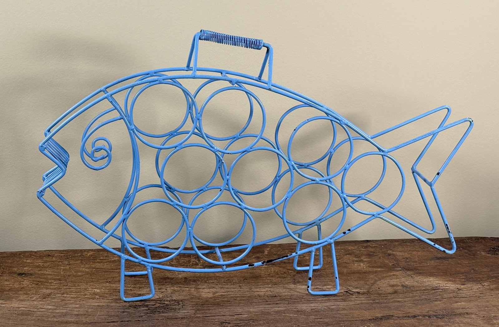 Mid Century Modern Blue Wire Fish Wine Bottle Holder Sculptural Bar Rack - 5