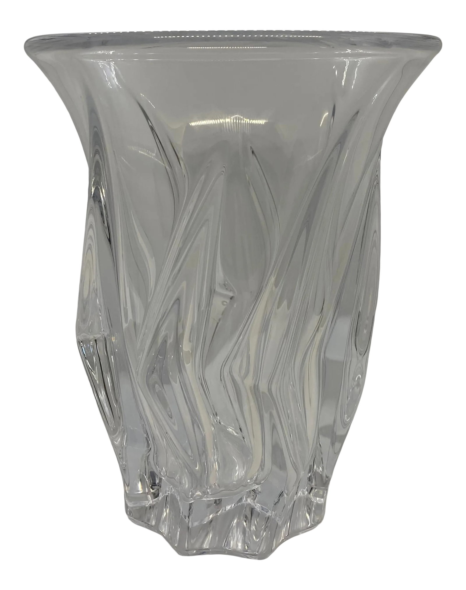 1960's Handblown Lead Crystal Vase by Vannes-Le-Chatel Glass-Crystalry in Ribbed Design: Beautiful and stunning large hand blown lead crystal vase in a Ribbed design. The Ribs curve from right to left and the Vase has an etched marking the says "Vannes Cristal". The Vase has minor