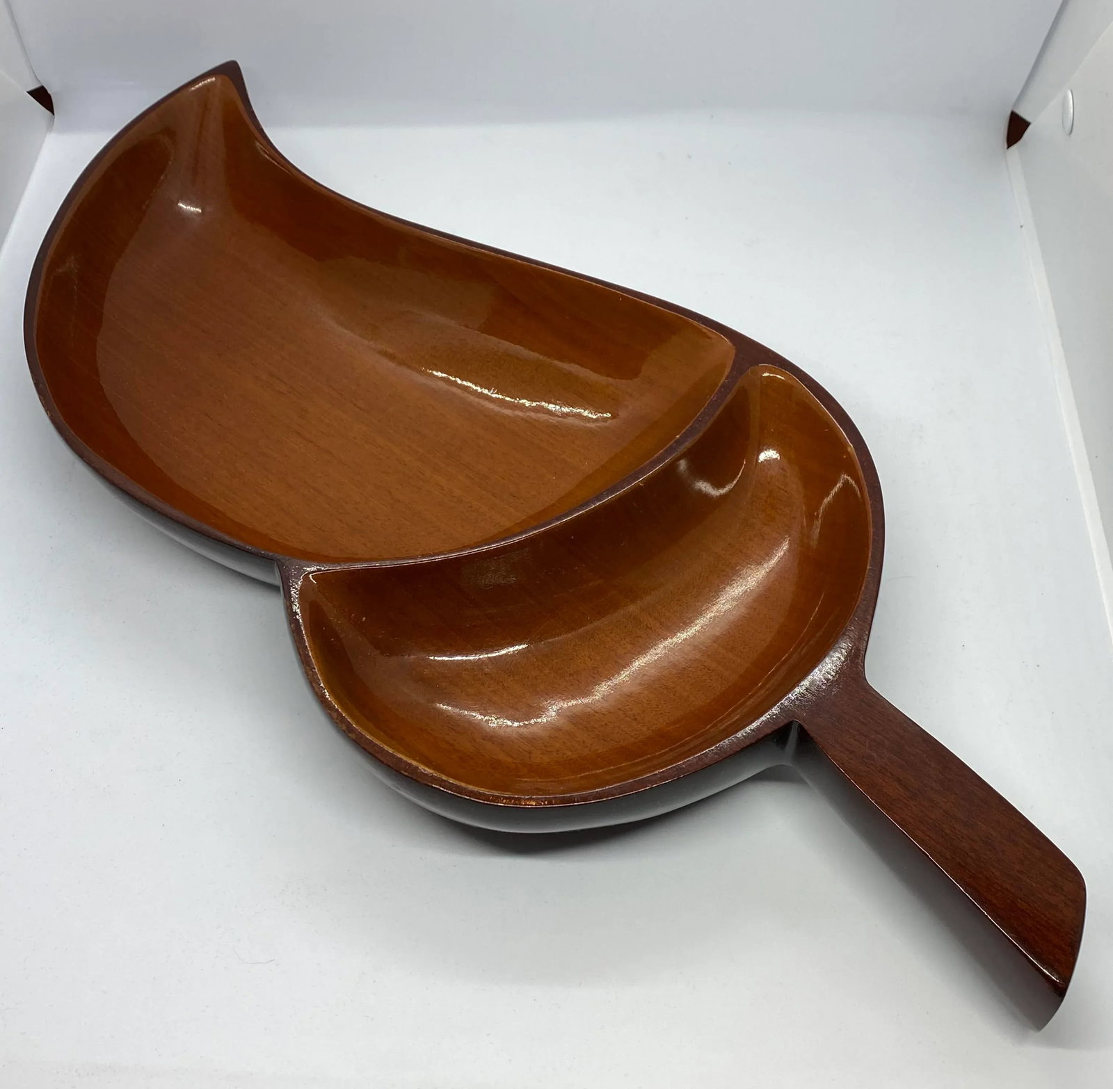 Mid-Century Modern Hand Carved Acorn Shape Mahogany Large Two-Section Serving Platter - 10