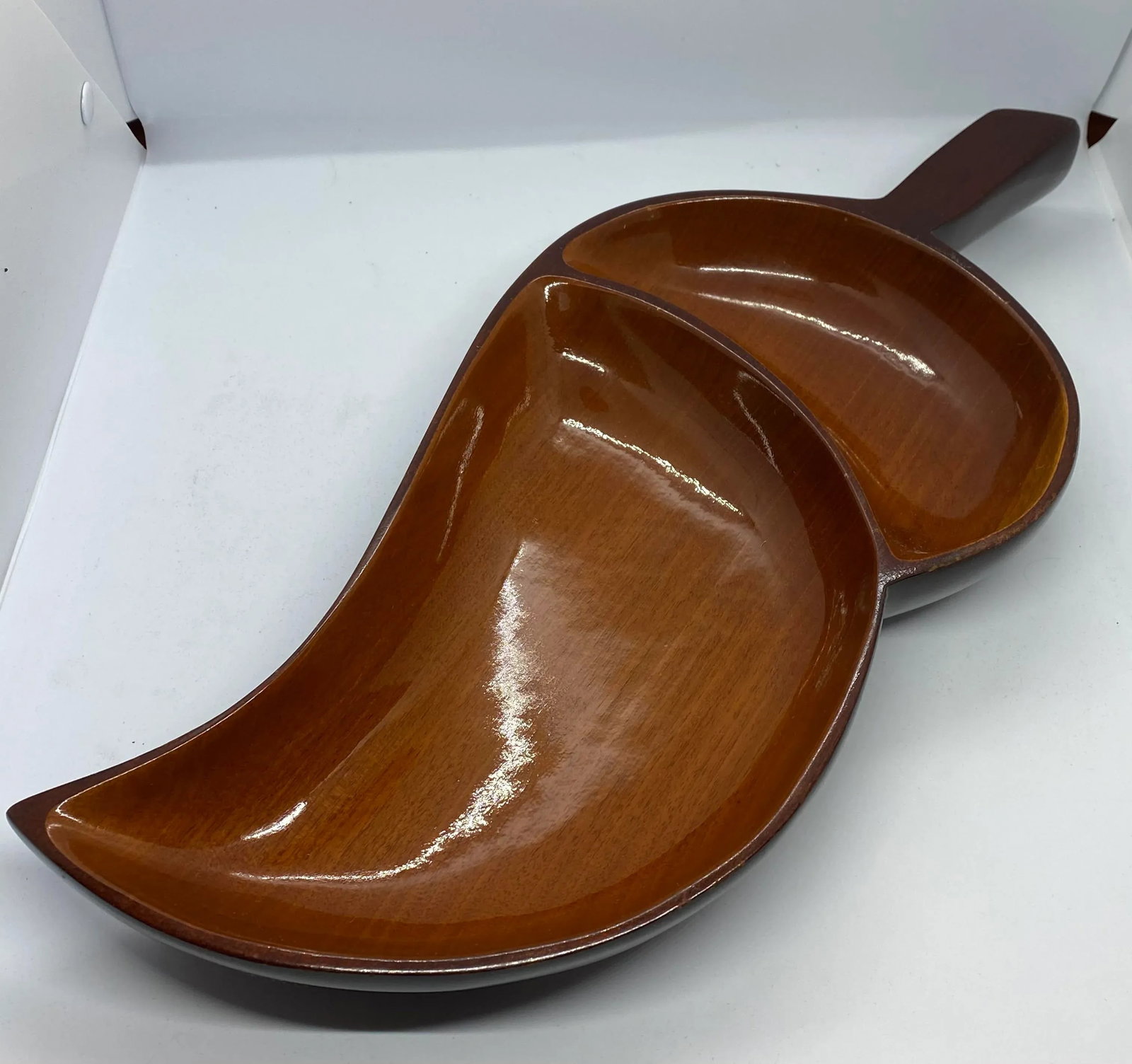 Mid-Century Modern Hand Carved Acorn Shape Mahogany Large Two-Section Serving Platter - 11
