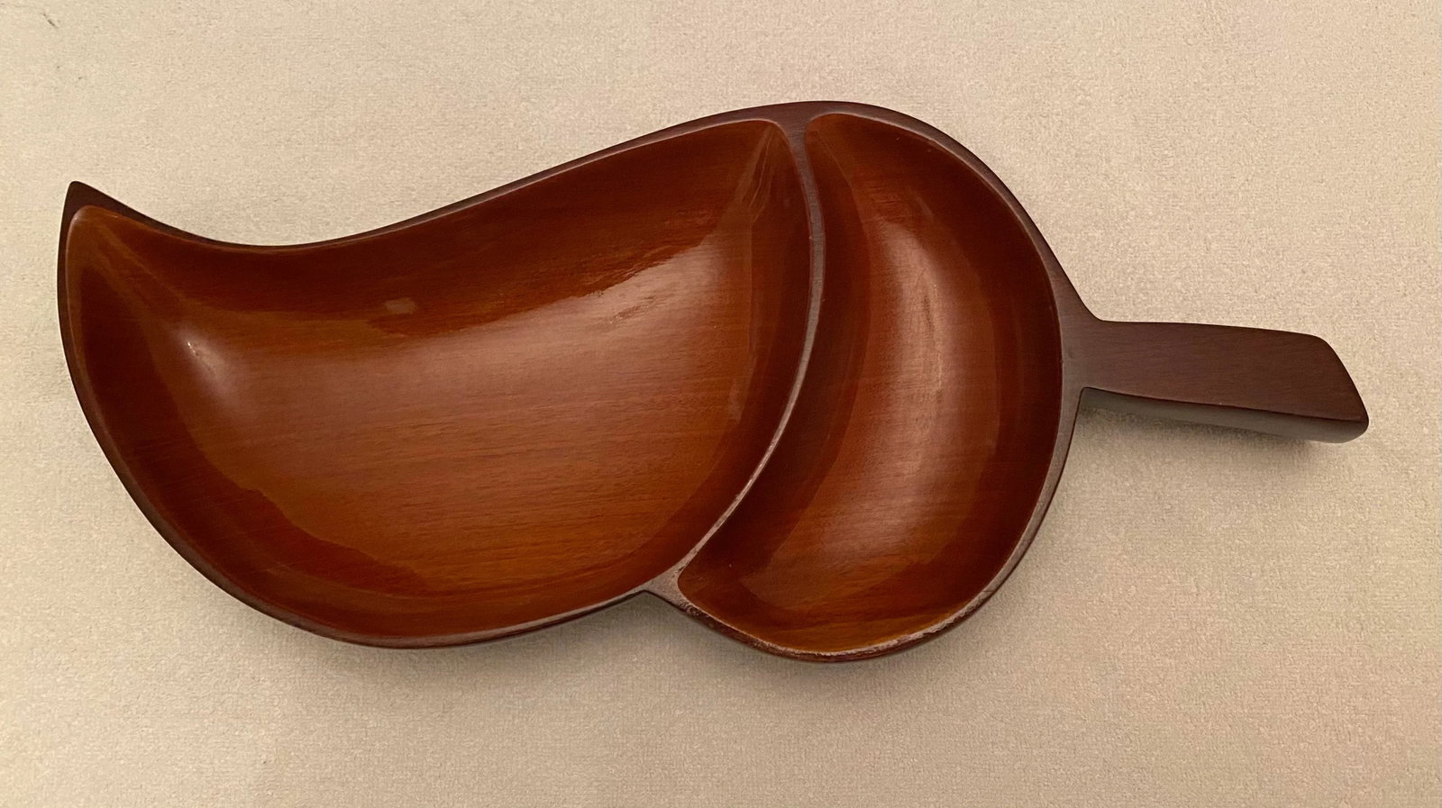 Mid-Century Modern Hand Carved Acorn Shape Mahogany Large Two-Section Serving Platter - 13