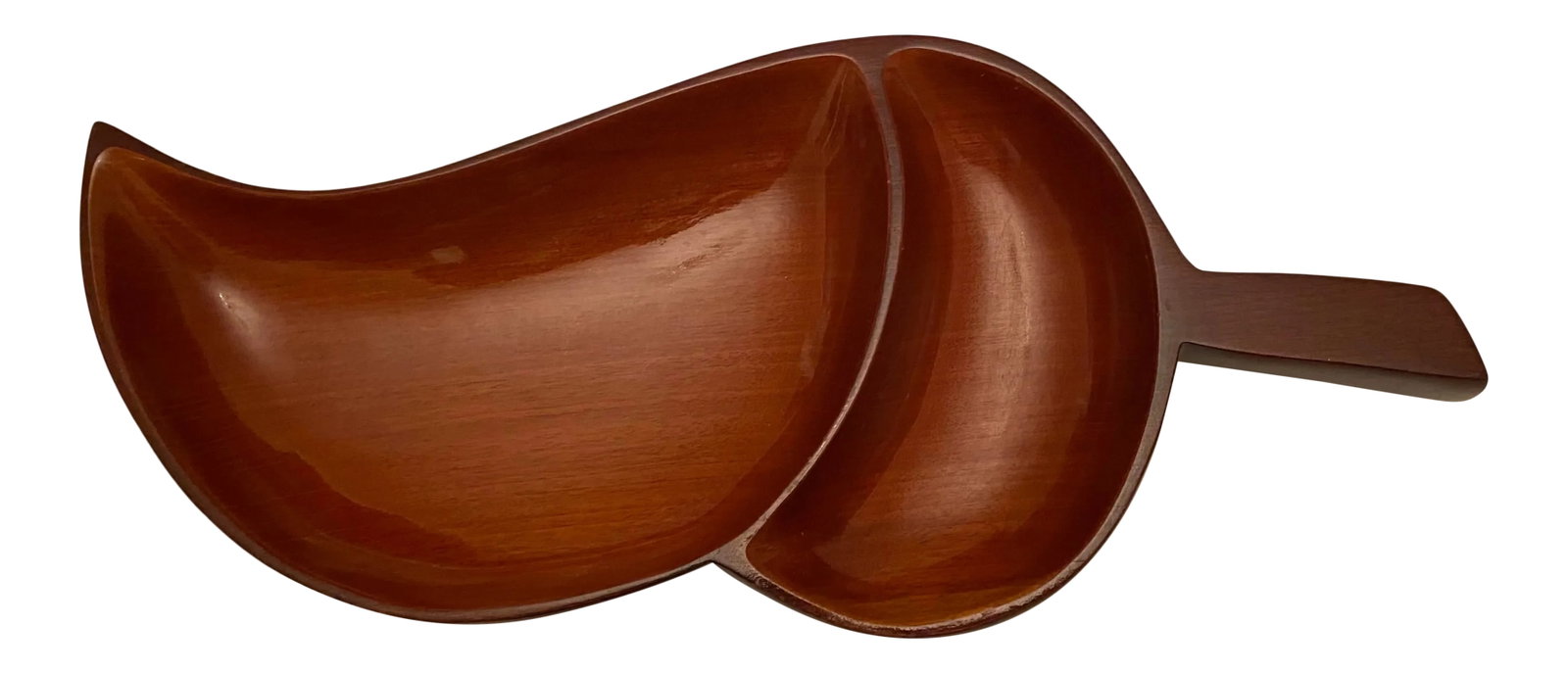 Mid-Century Modern Hand Carved Acorn Shape Mahogany Large Two-Section Serving Platter: Mid-century Modern hand carved Mahogany large two section handled serving platter or tray! Made by Caribcraft in Haiti. Beautiful Organic Modernist large acorn shape design features a large bottom sec